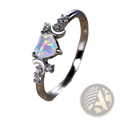 A delicate silver heart opal ring with iridescent hues, crescent moon motifs, and sparkling diamonds