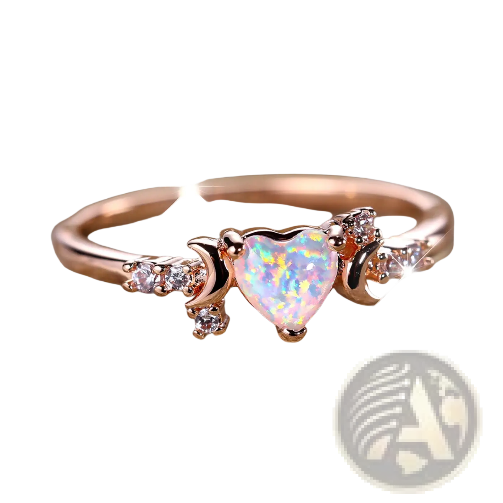 Rose gold heart opal crescent moon ring with diamonds featuring a central heart-shaped opal and clear gemstones