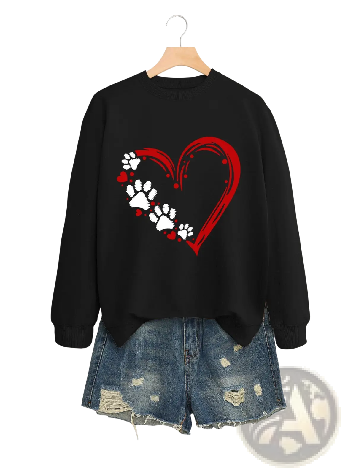 Black long-sleeved pullover hoodie with red heart design featuring white paw prints and small red hearts