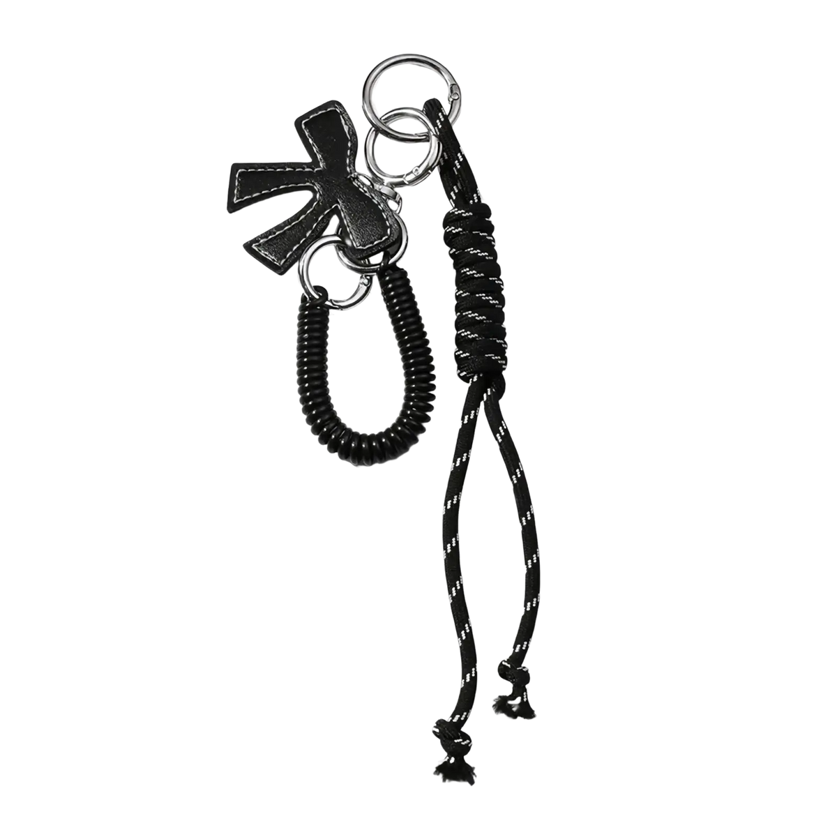 Black leather heart pendant bowknot bag keychain with stylized k charm silver rings and braided cord with white stitching