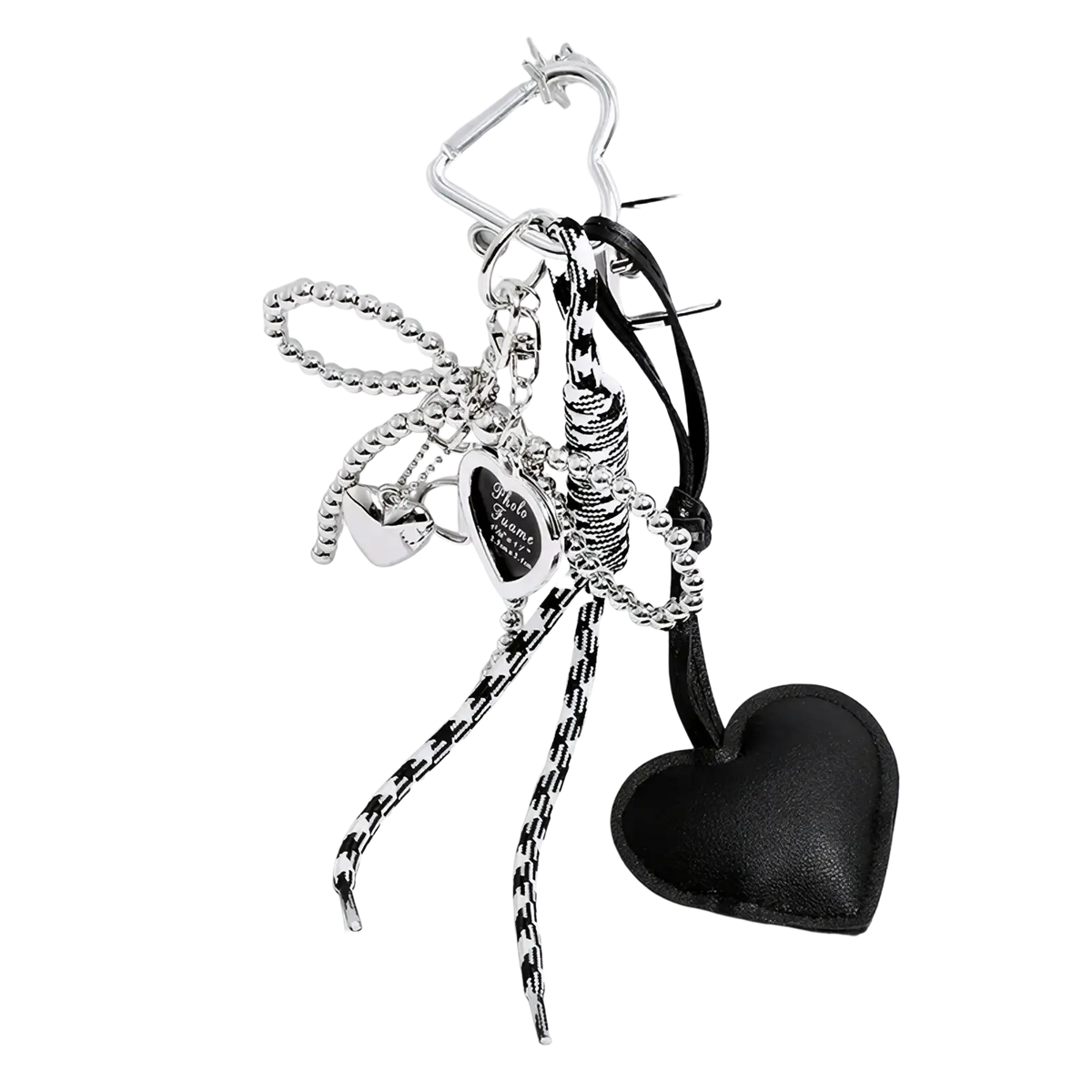 Black leather heart pendant bowknot bag keychain with silver metal charms and a checkered cord accessory