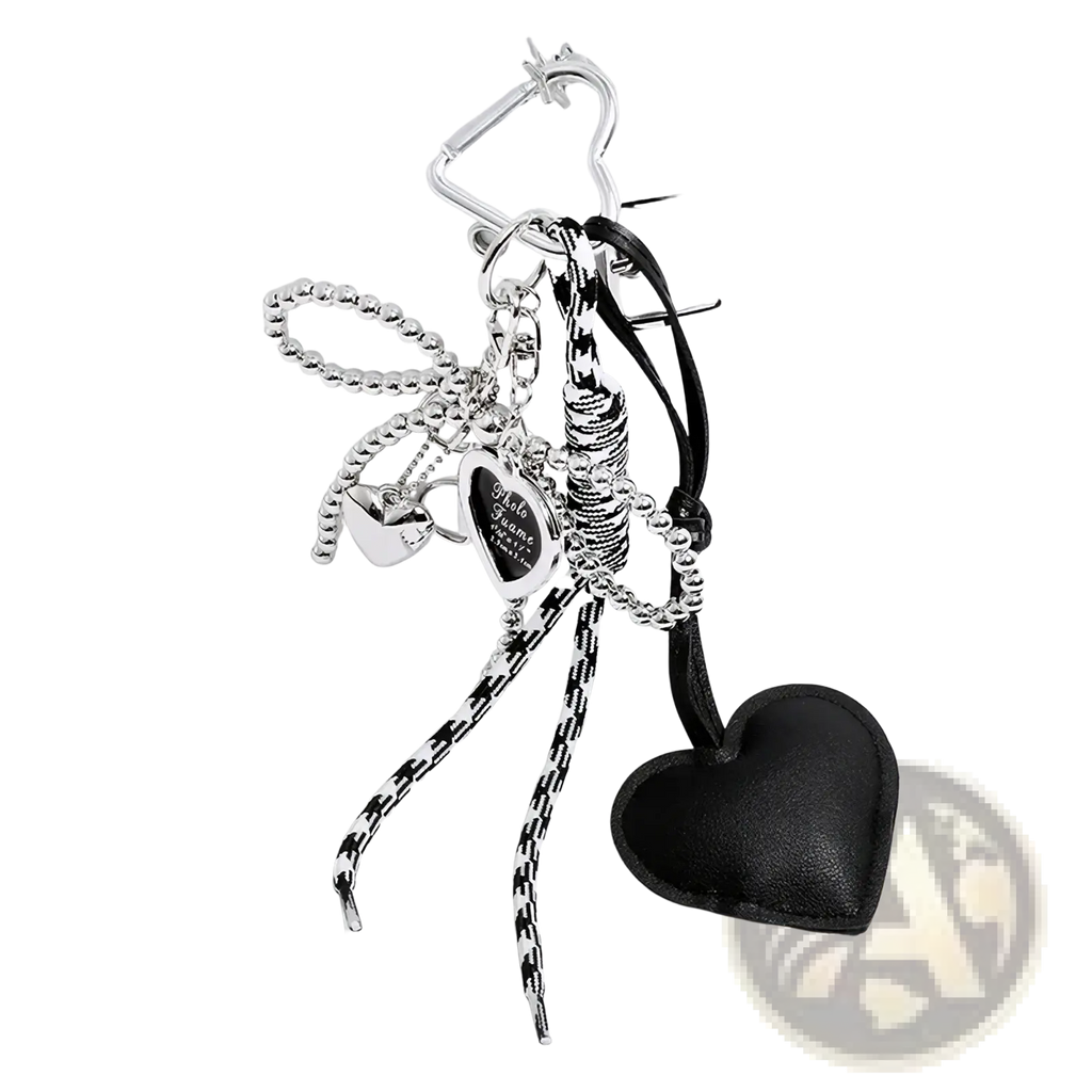 Black leather heart pendant bowknot bag keychain with silver metal charms and a checkered cord accessory