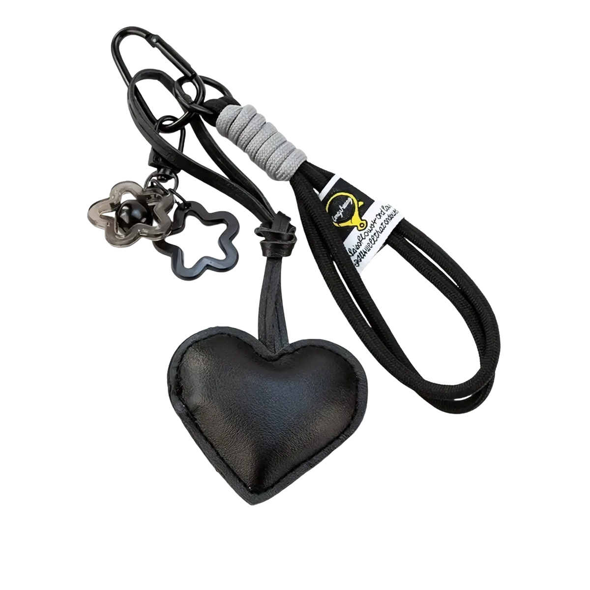 Black heart-shaped leather heart pendant bowknot bag keychain with gray braided cord and metal charms