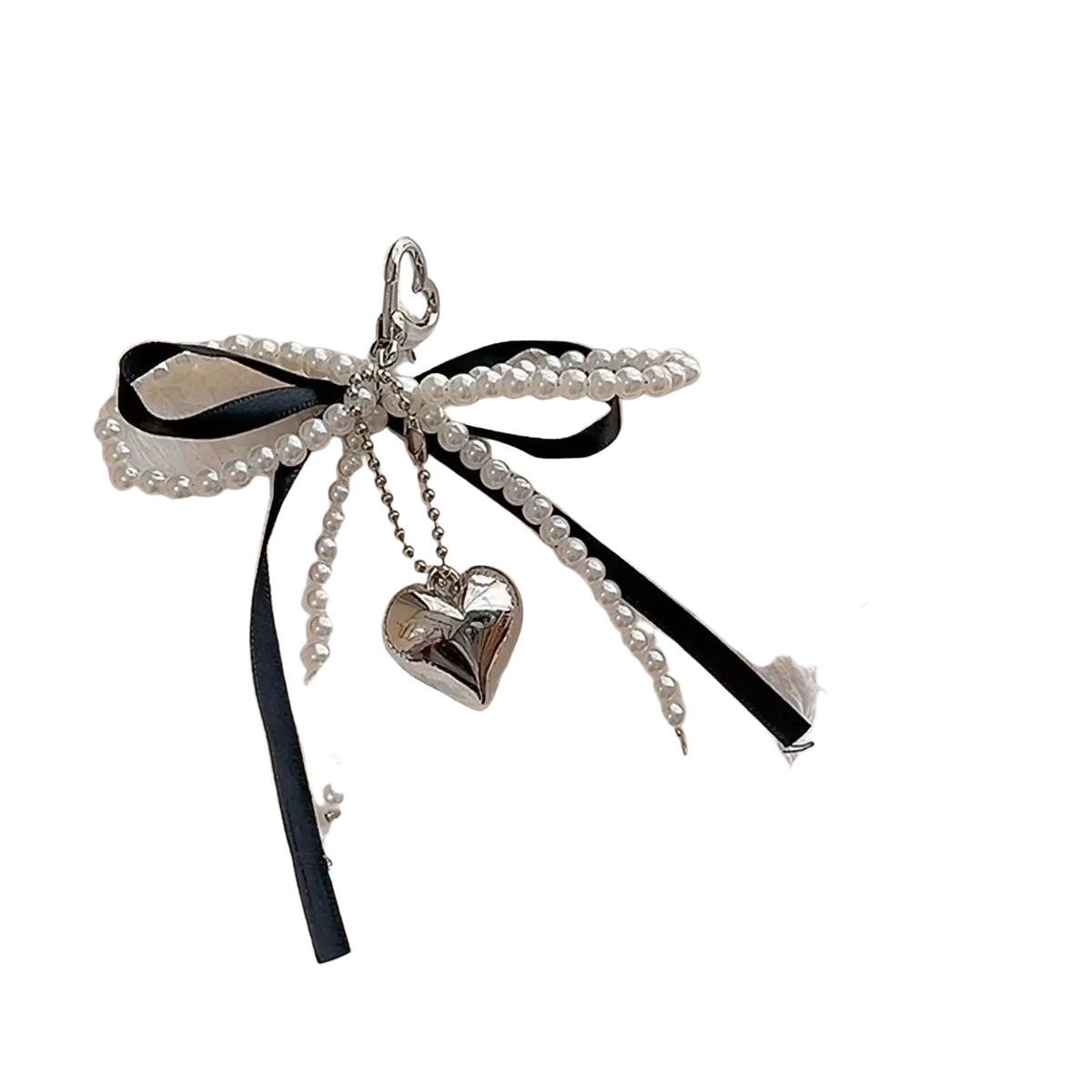 Heart pendant bowknot bag keychain featuring a delicate black ribbon bow with white pearls and a silver heart charm