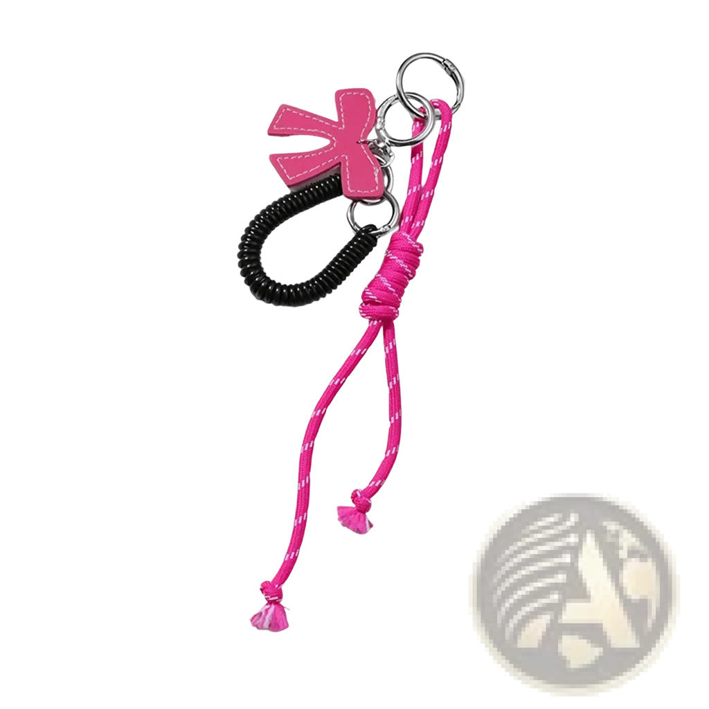 Heart pendant bowknot bag keychain with vibrant pink and black glossy leather bow charm and braided elastic cord