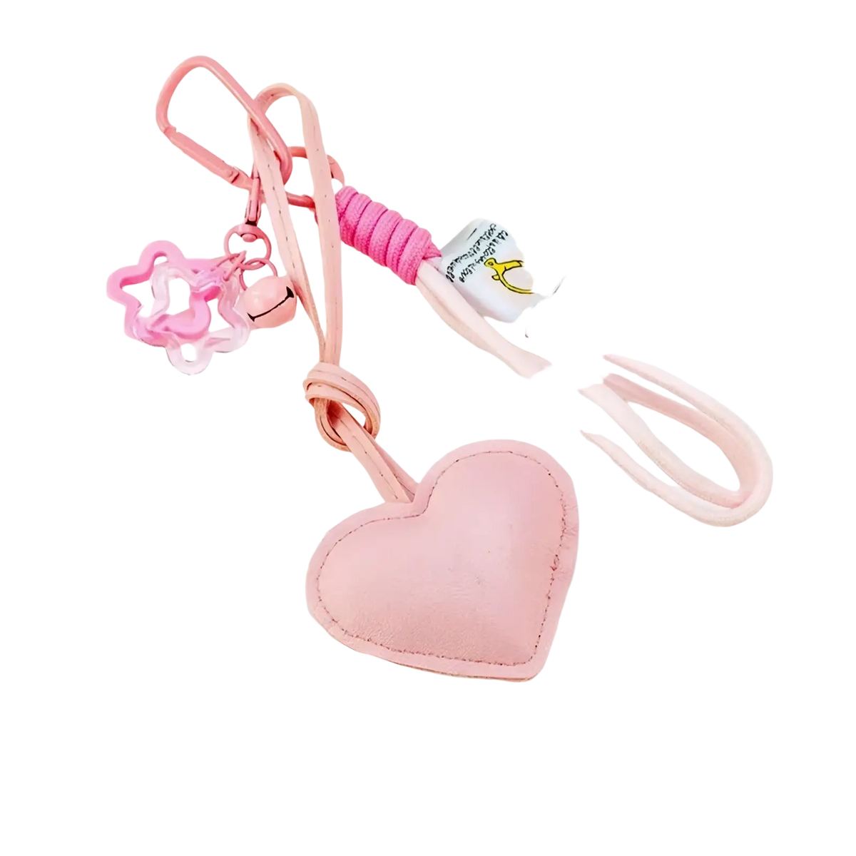 Pink heart pendant bowknot bag keychain made of soft leather with matching cord and small star charm