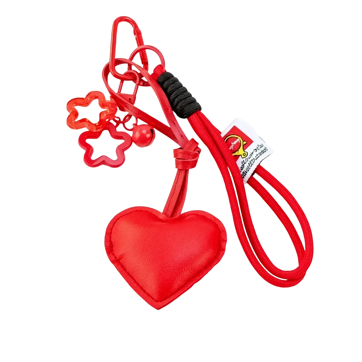 Heart pendant bowknot bag keychain with red heart-shaped keychain, red leather strap, black woven section, star charms, and bell