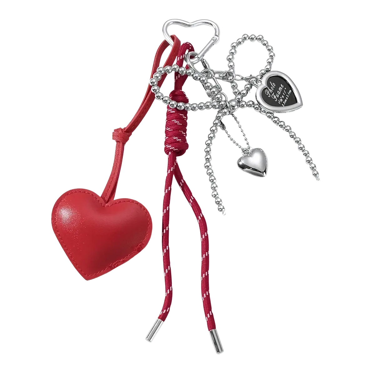Red heart-shaped leather bag keychain with silver-toned metal accents and beaded chain for pendant bowknot style
