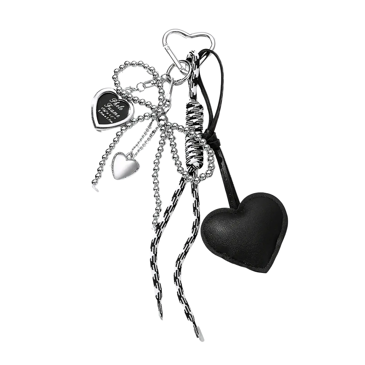 Silver heart-shaped keychain with black leather charm and beaded chains for heart pendant bowknot bag keychain