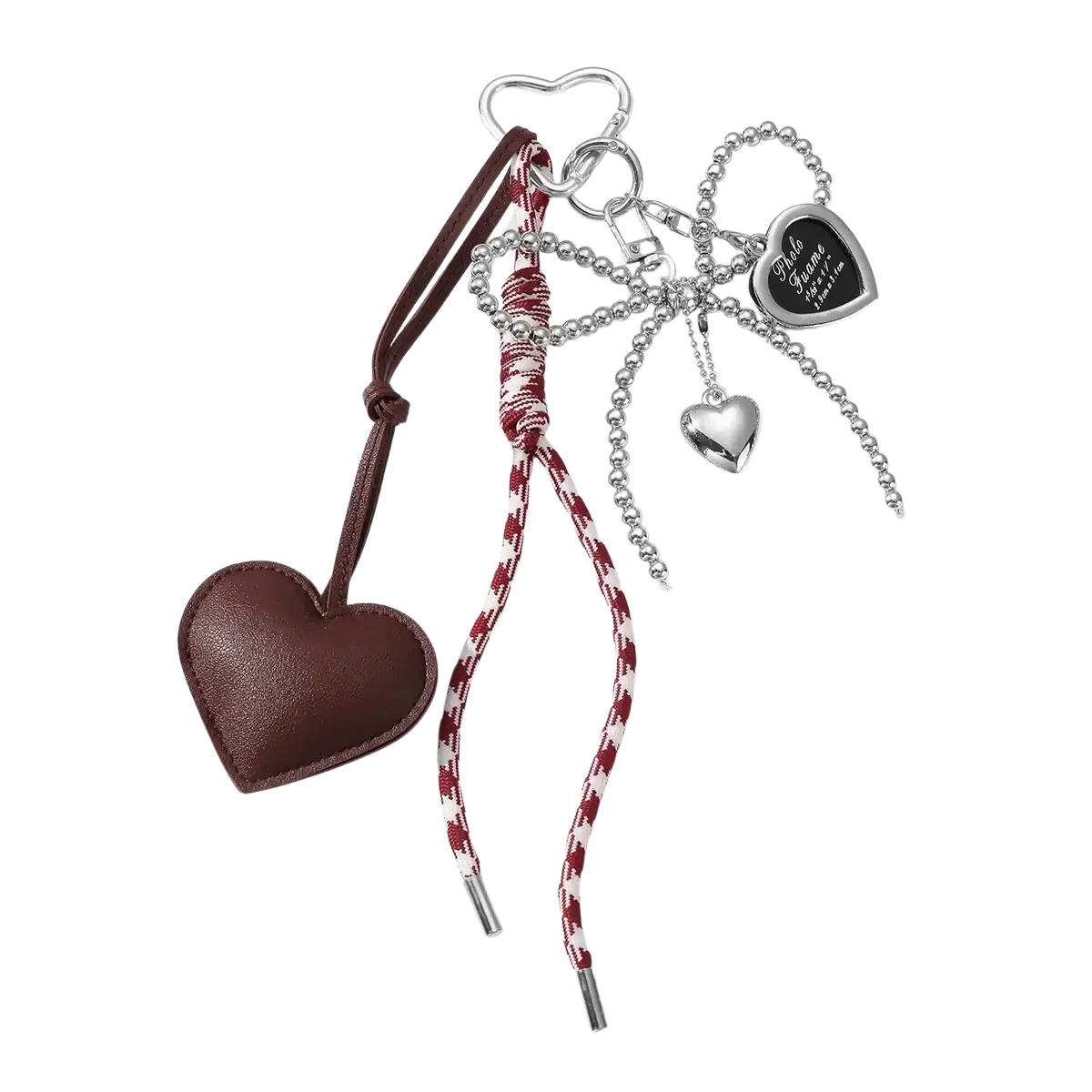 Brown leather heart pendant keychain with red and white cord and silver metallic charms for bag accessory
