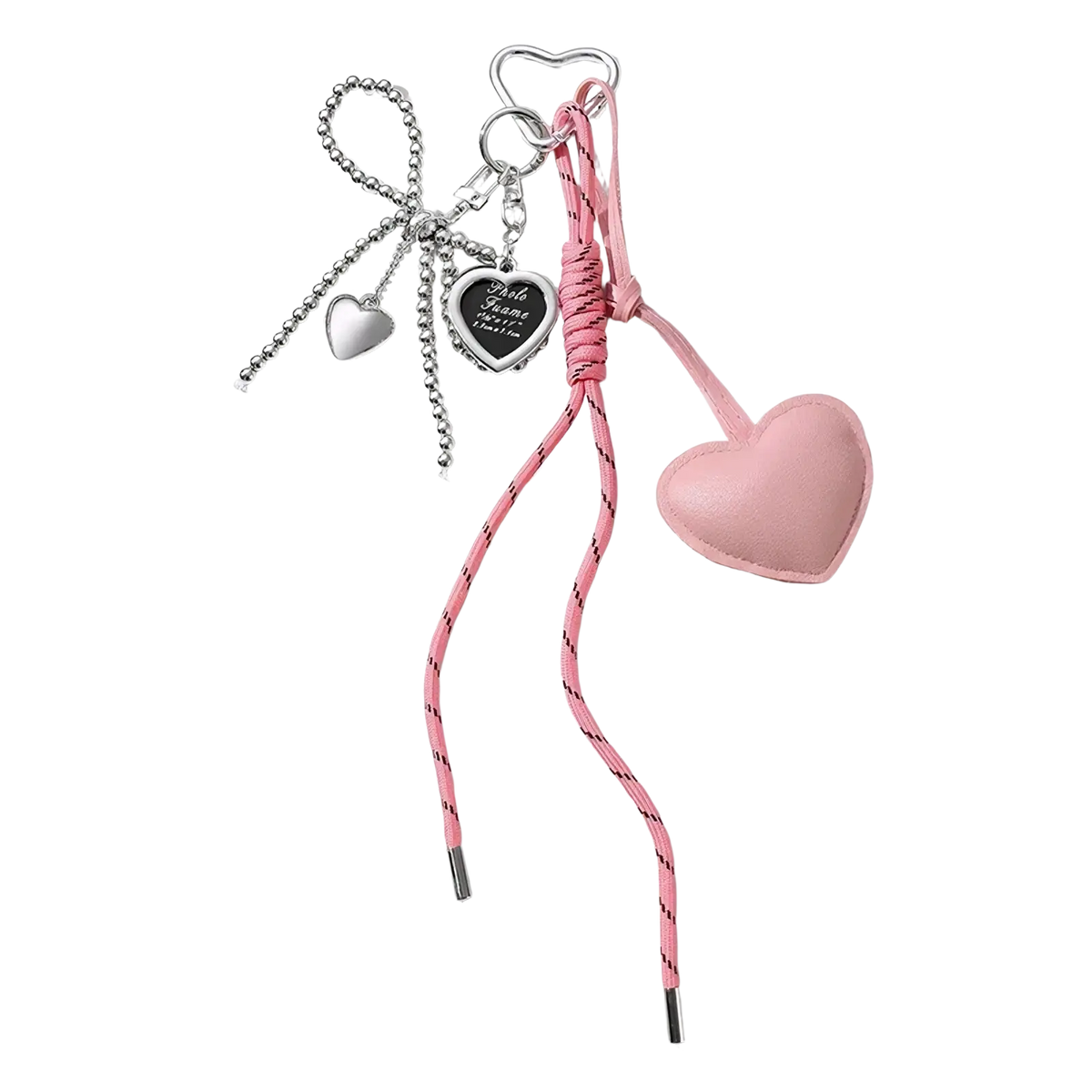 Pink heart-shaped keychain with braided cord and silver metal charms as a heart pendant bag accessory