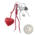 Red heart-shaped leather keychain with silver metal accents and beaded chain for bag accessory use