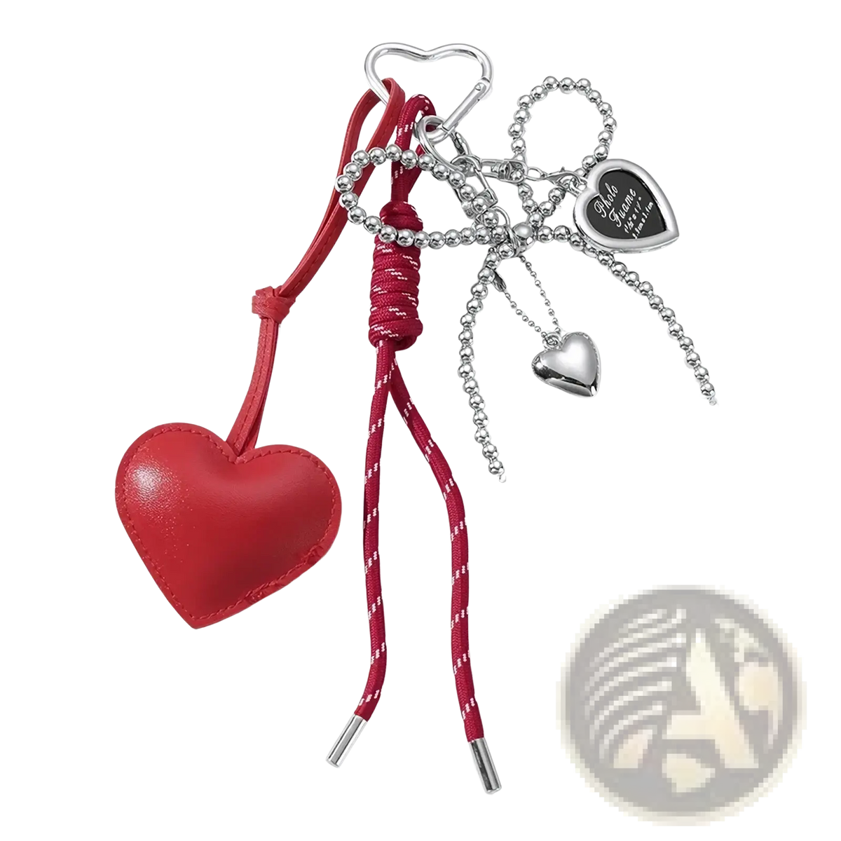 Red heart-shaped leather keychain with silver metal accents and beaded chain for bag accessory use