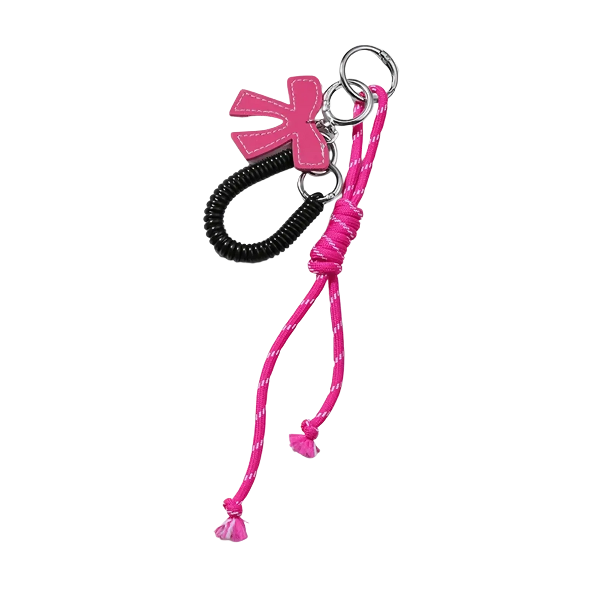 A vibrant pink and black heart pendant keychain featuring a glossy leather bow charm elastic cord and braided rope