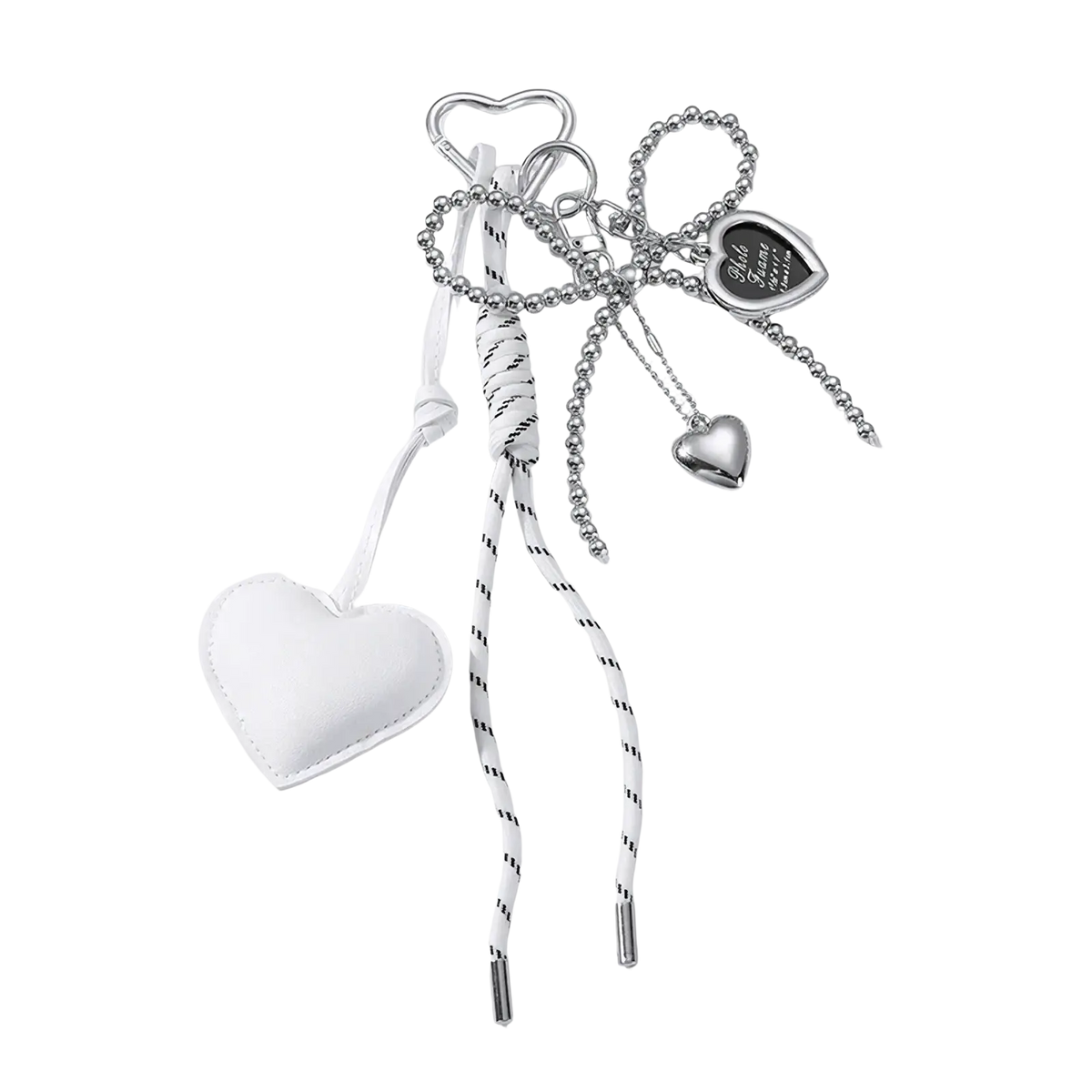 White heart-shaped leather heart pendant keychain with silver metal accents and beaded chain bag accessory