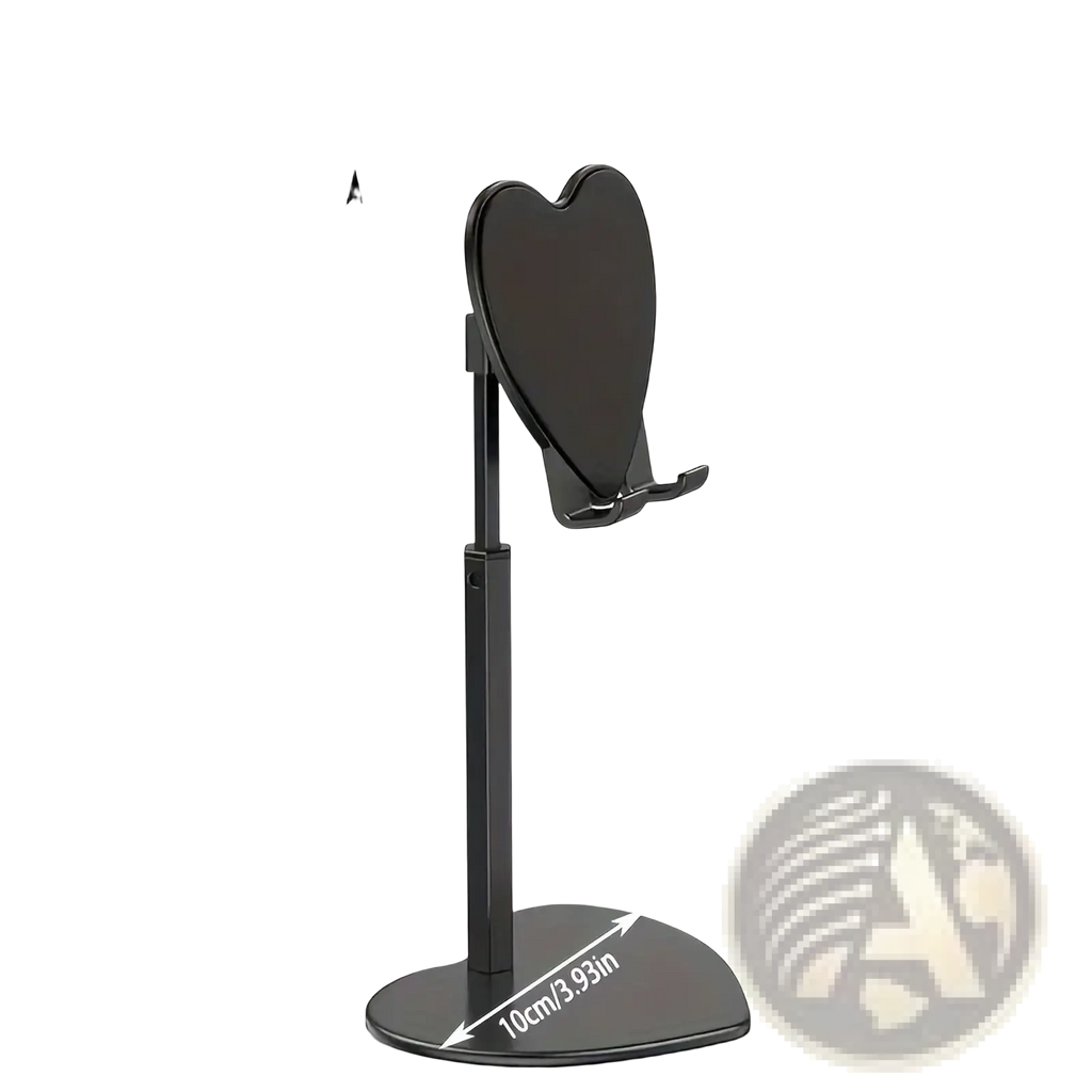 Black heart-shaped adjustable height phone stand with sleek modern design for silver desktop holder use
