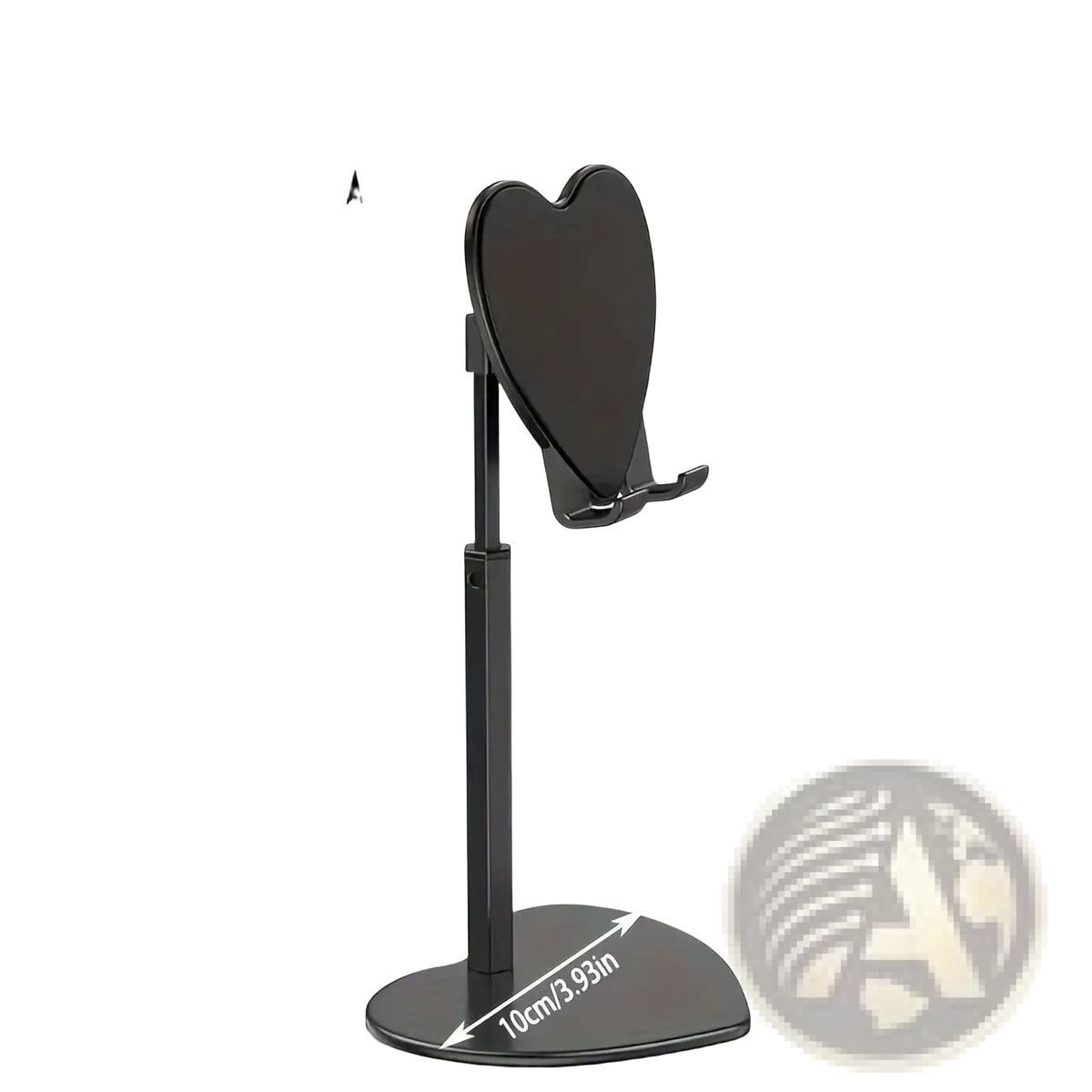Black heart-shaped adjustable height phone stand with sleek modern design for silver desktop holder use