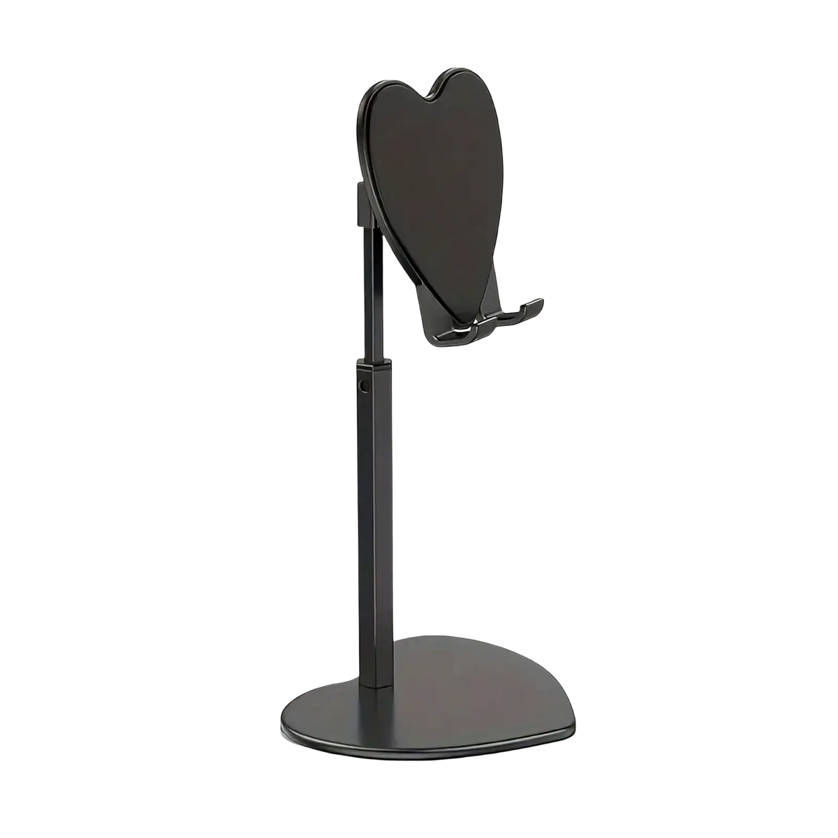 Black heart-shaped phone stand with adjustable silver desktop holder featuring sleek minimalist design and sturdy base