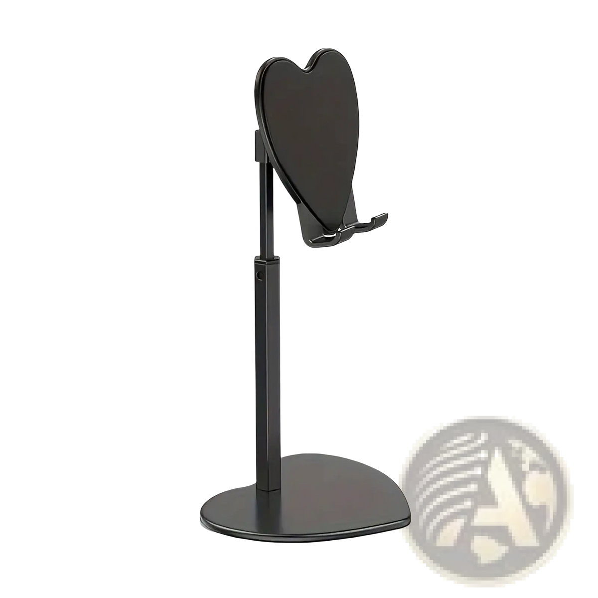 Black heart-shaped phone stand with adjustable silver desktop holder featuring sleek minimalist design and sturdy base