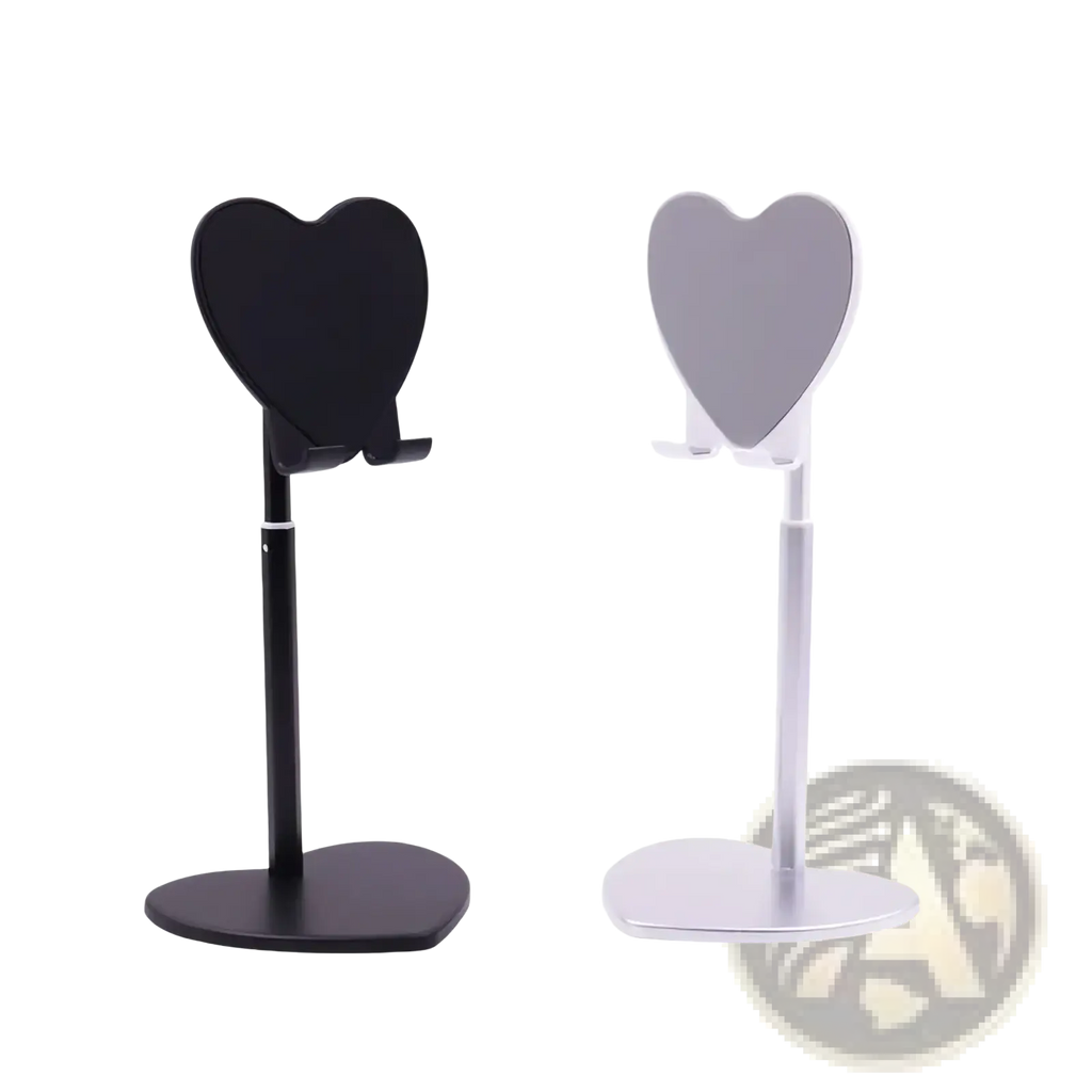 Black and white heart phone stands with adjustable height made of sleek metal for desktop use