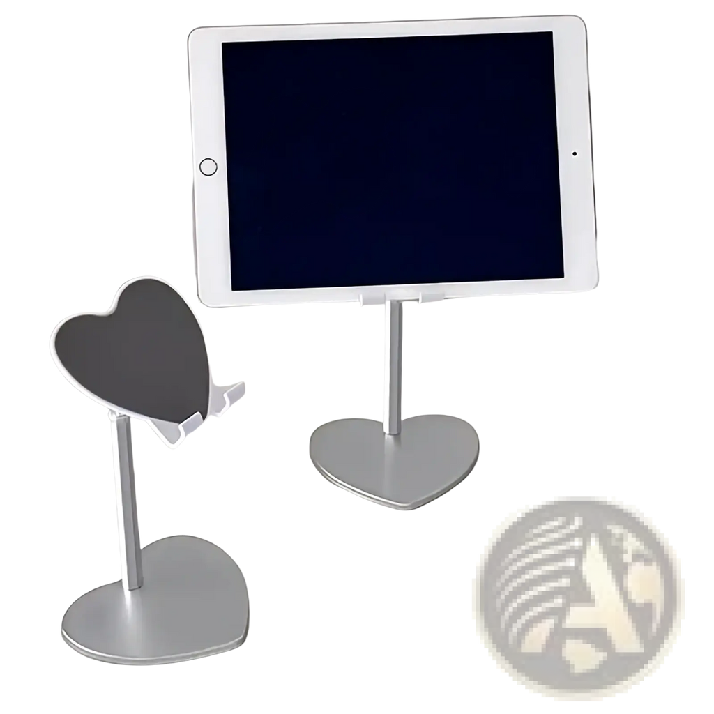 Silver heart-shaped adjustable desktop tablet stand with sleek metallic finish for hands-free device support