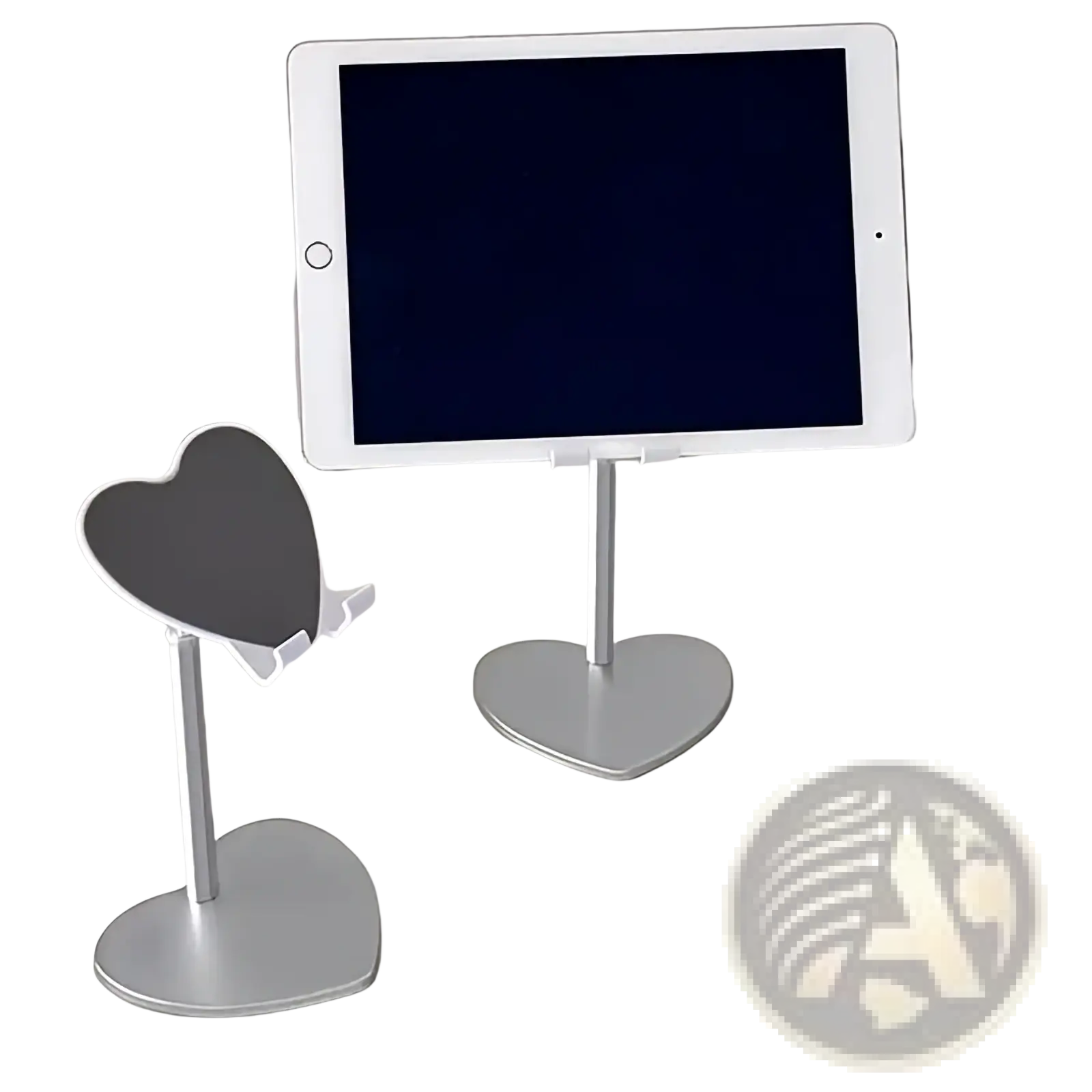 Silver heart-shaped adjustable desktop tablet stand with sleek metallic finish for hands-free device support