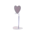 A sleek heart-shaped phone stand with adjustable height and metallic silver finish for desktop use