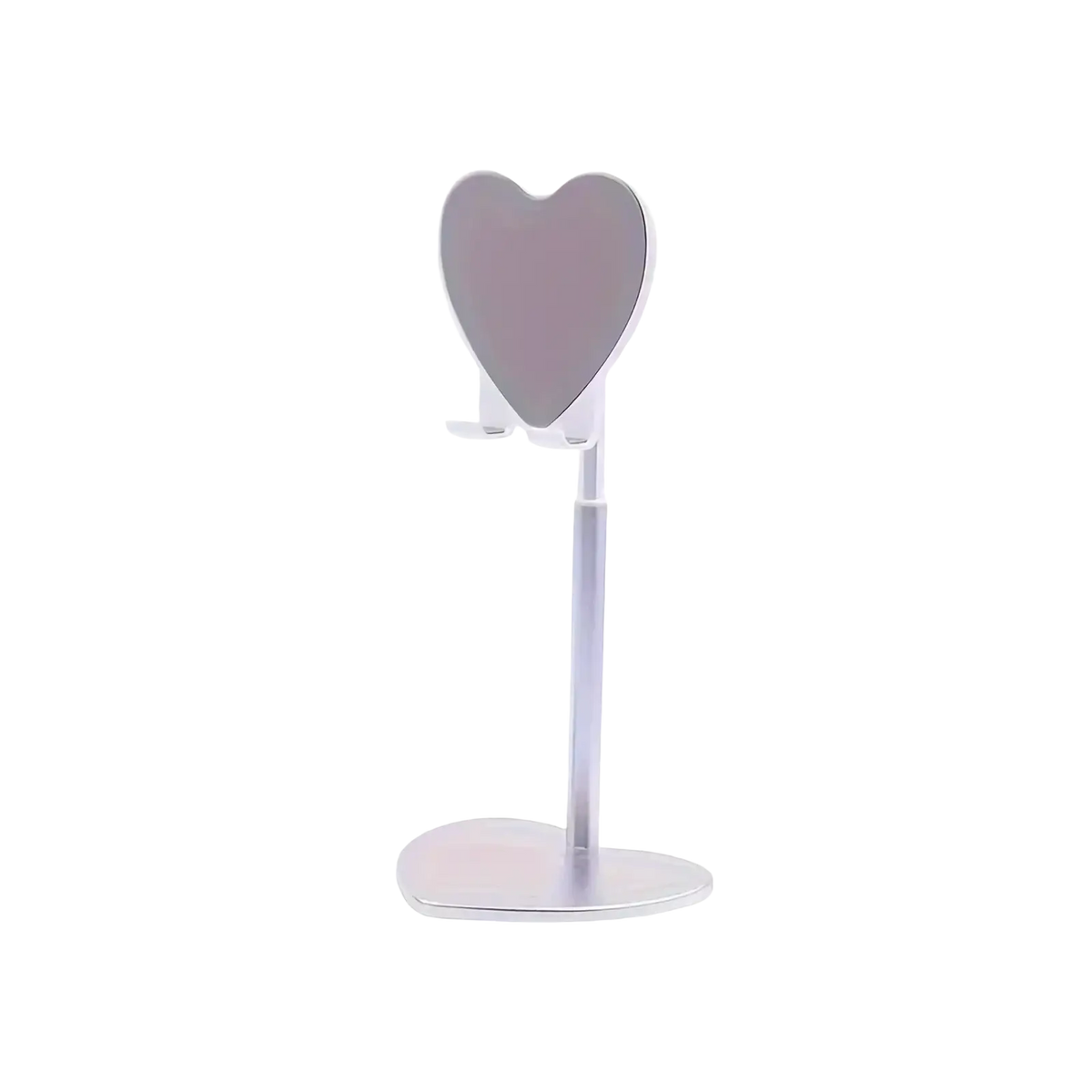 A sleek heart-shaped phone stand with adjustable height and metallic silver finish for desktop use