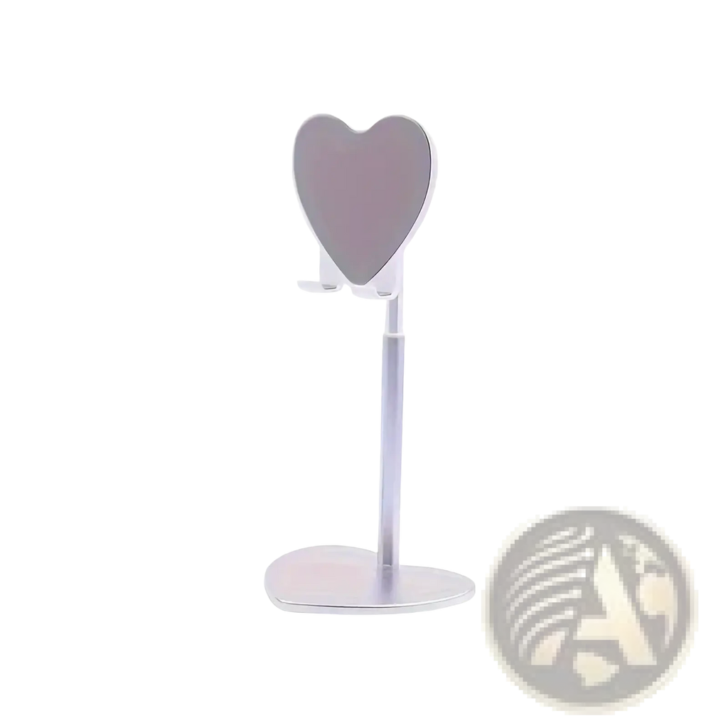 A sleek heart-shaped phone stand with adjustable height and metallic silver finish for desktop use