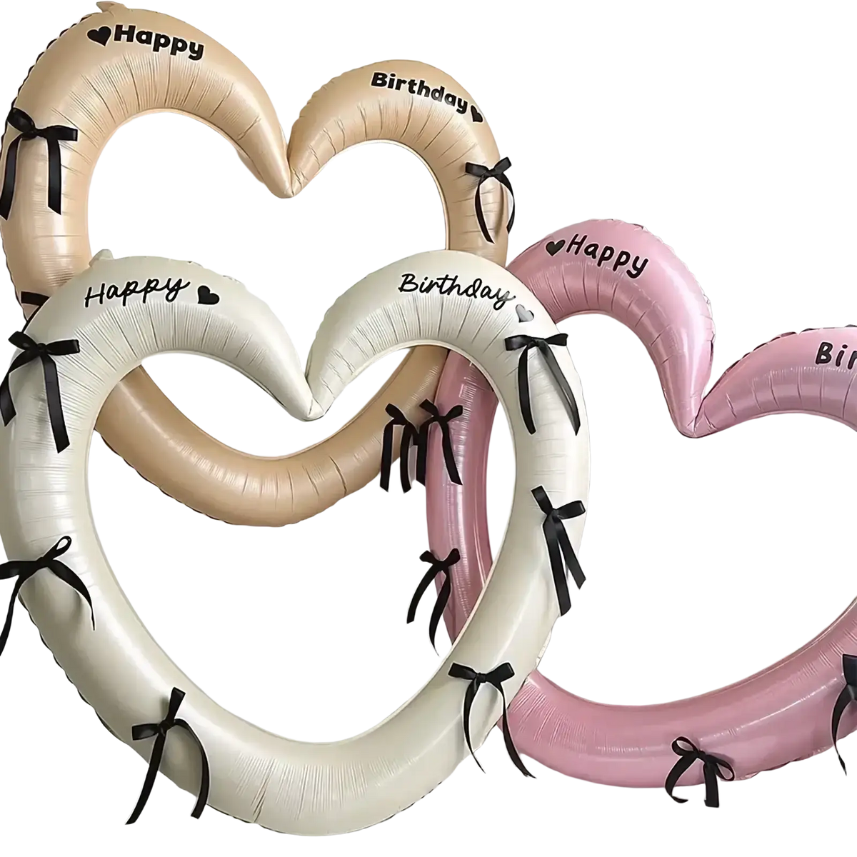Beige and pink heart photo frame balloons with black ribbon ties for birthday party decoration