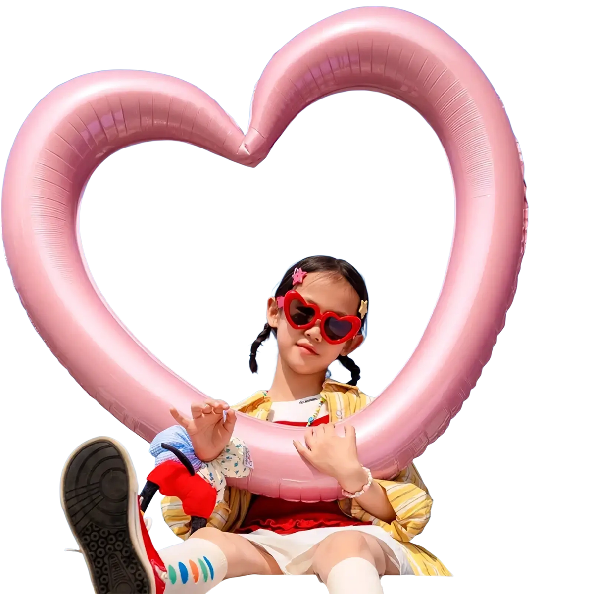 A large pink inflatable heart photo frame balloon with a glossy finish and visible seams for party decoration