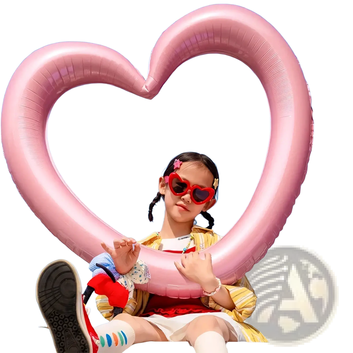 A large pink inflatable heart photo frame balloon with a glossy finish and visible seams for party decoration