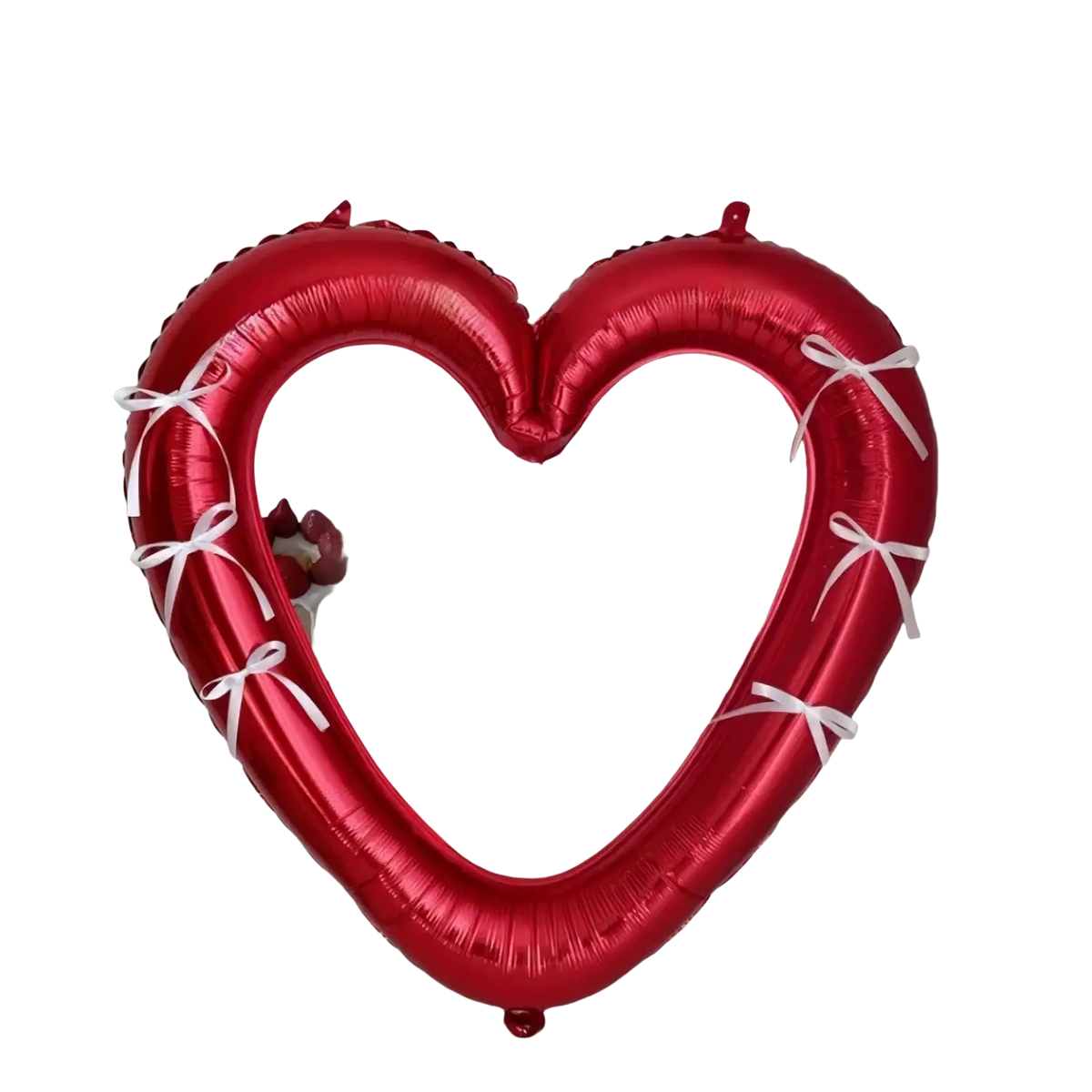 A shiny red heart photo frame foil balloon 40 inch with white ribbons and printed love and birthday messages