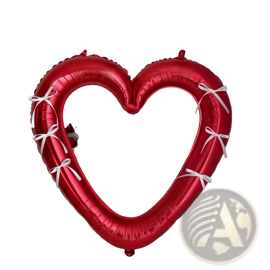 A shiny red heart photo frame foil balloon 40 inch with white ribbons framing a printed card inside