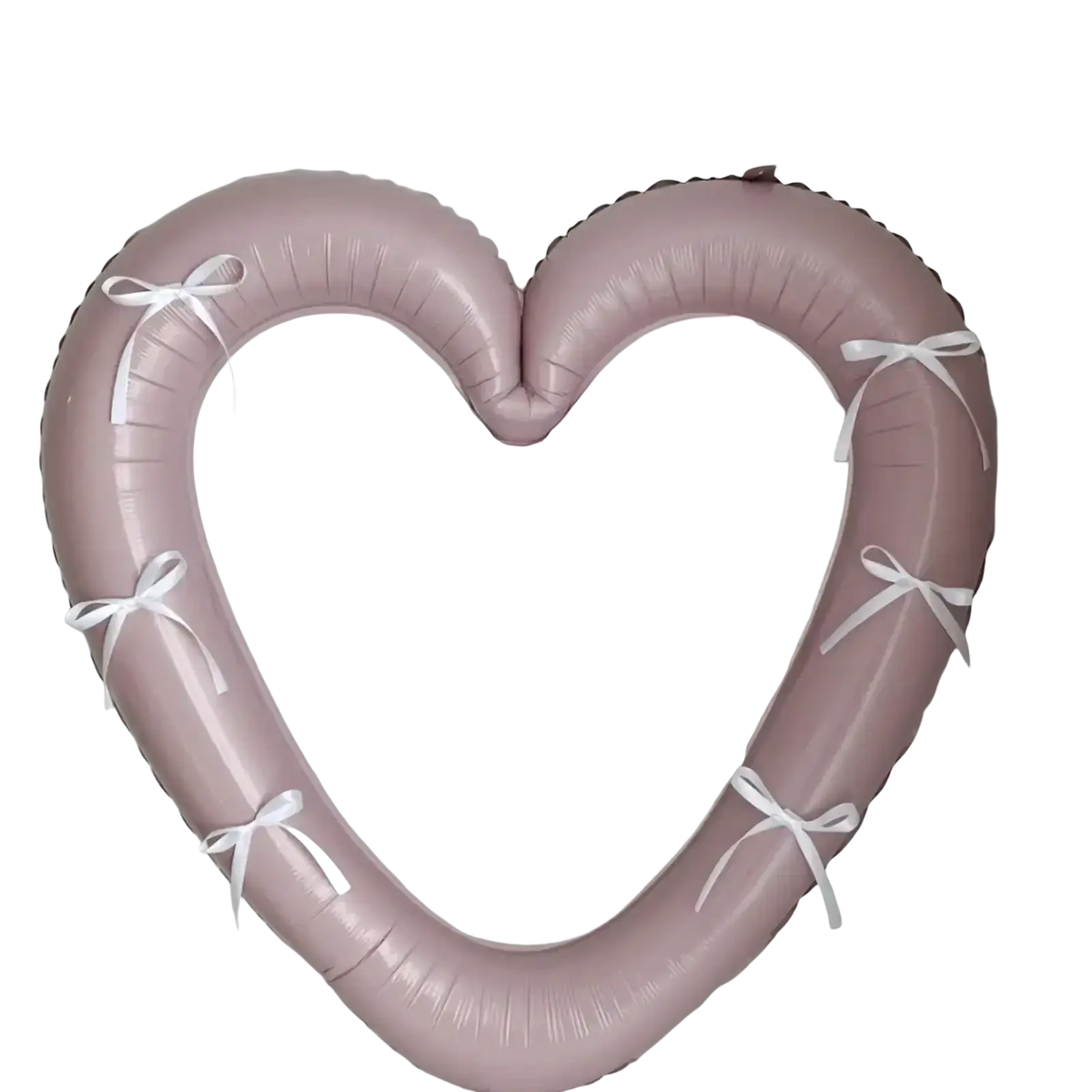 A soft blush pink heart photo frame foil balloon with delicate white ribbons tied along its edges, 40 inch