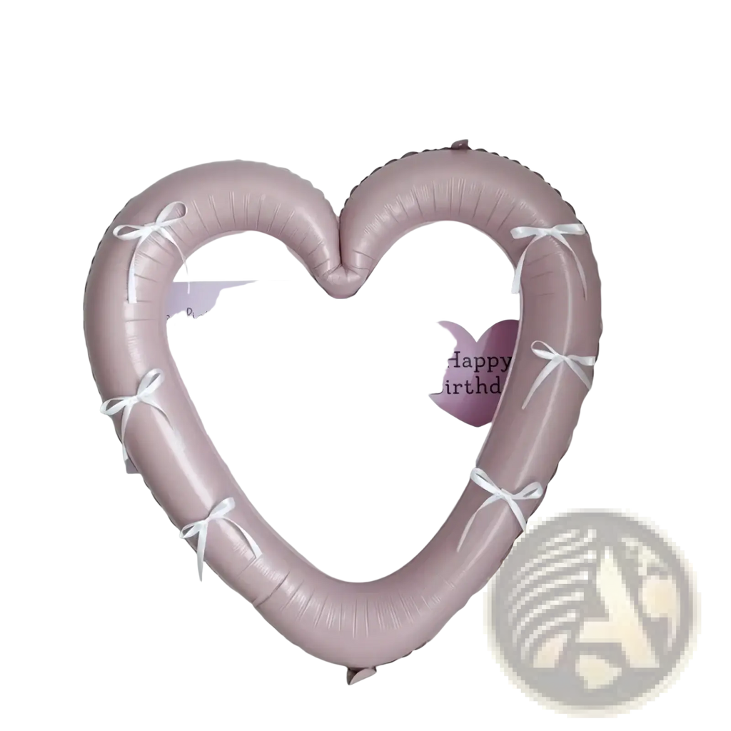 A soft pink heart photo frame foil balloon 40 inch adorned with white ribbons holding birthday cards