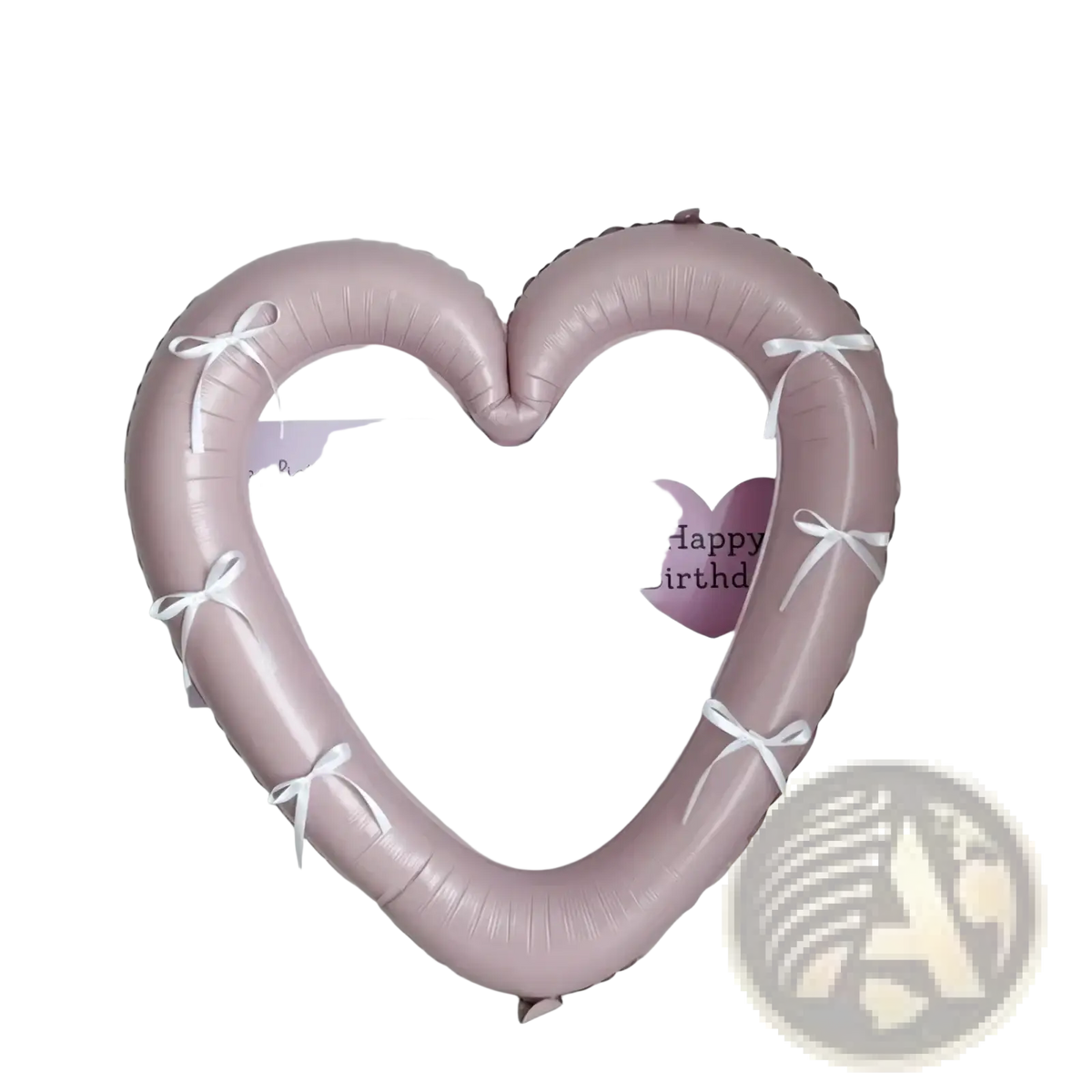 A soft pink heart photo frame foil balloon 40 inch adorned with white ribbons holding birthday cards