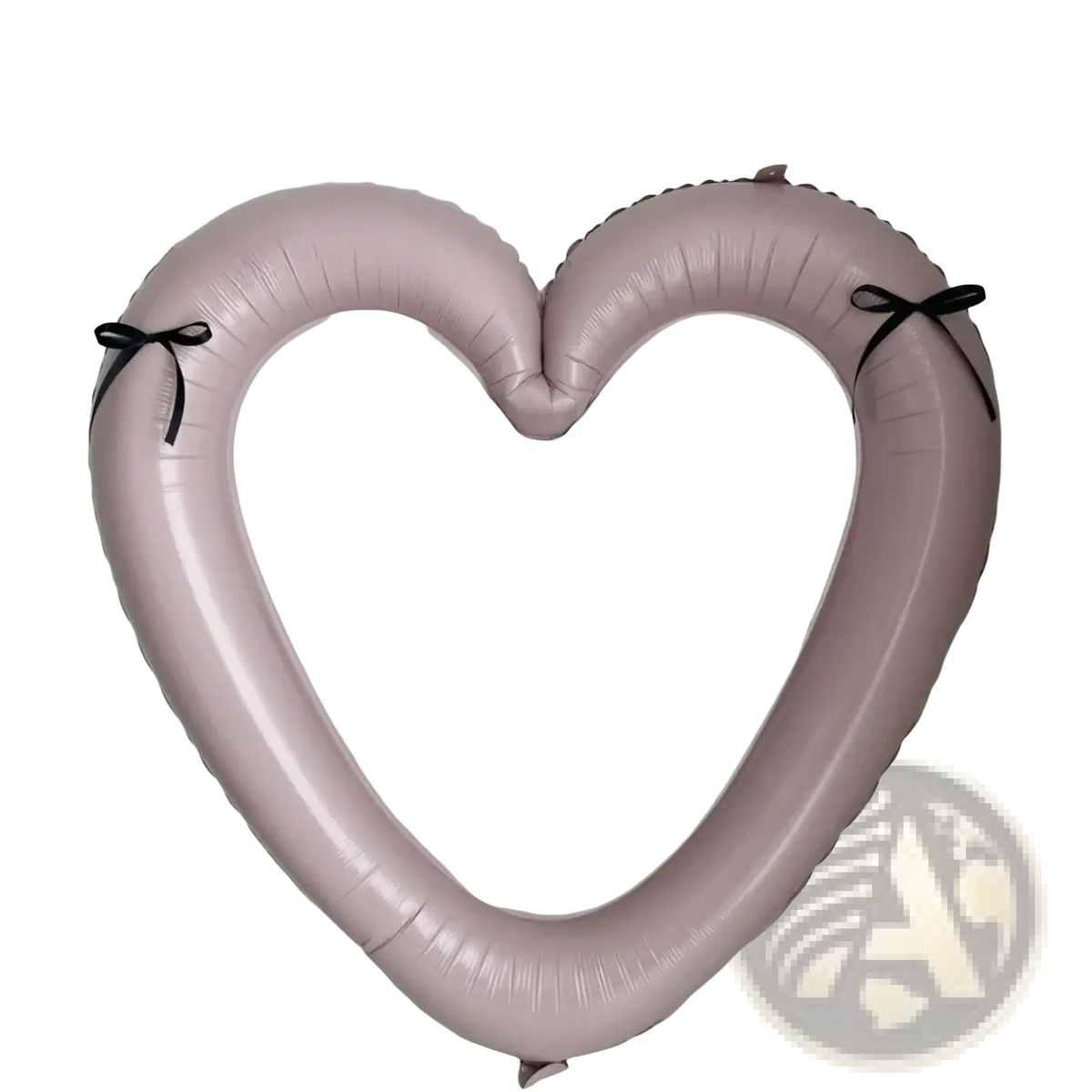A soft pink heart photo frame foil balloon 40 inch with black ribbon ties holding two birthday cards inside