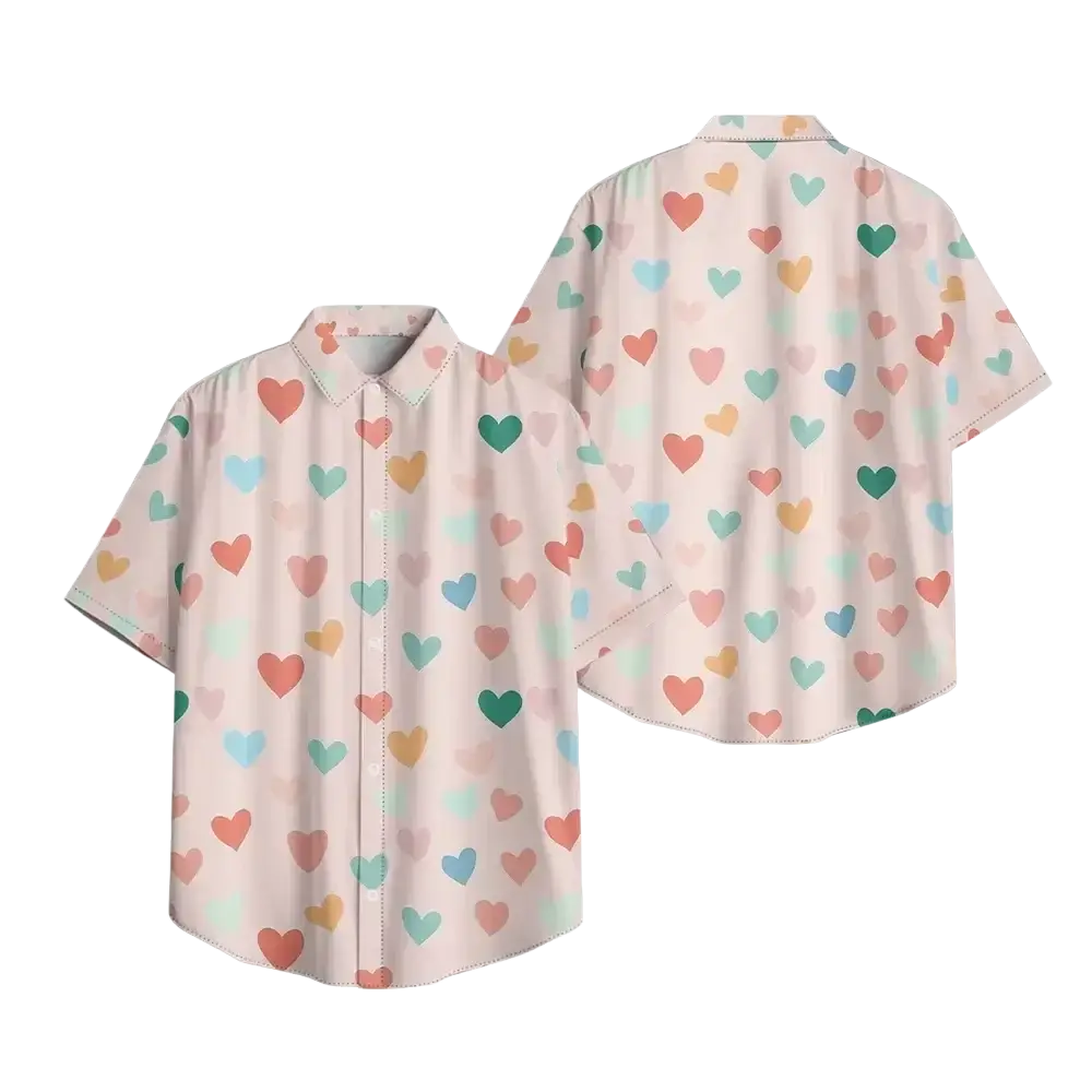 Pastel pink short sleeve button heart print casual shirt with multicolored hearts in soft red blue green and peach tones