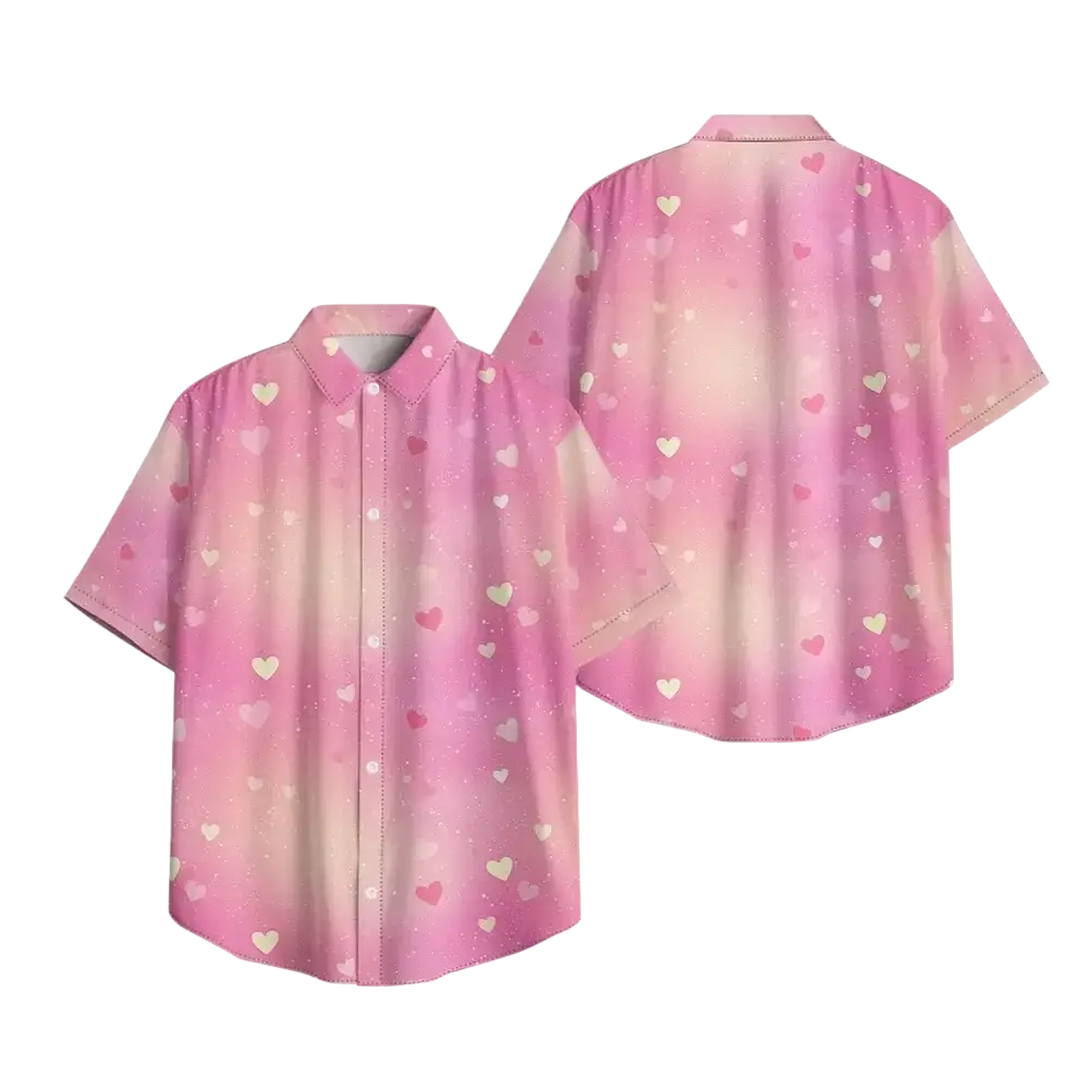 Pink gradient heart print casual short sleeve button down shirt with white and light pink hearts on a soft background