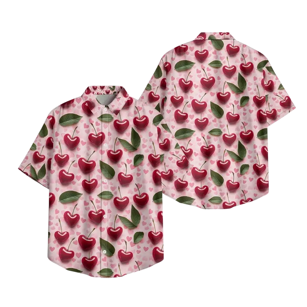 A pink casual short sleeve button down shirt with a red cherry and heart pattern and green leaves