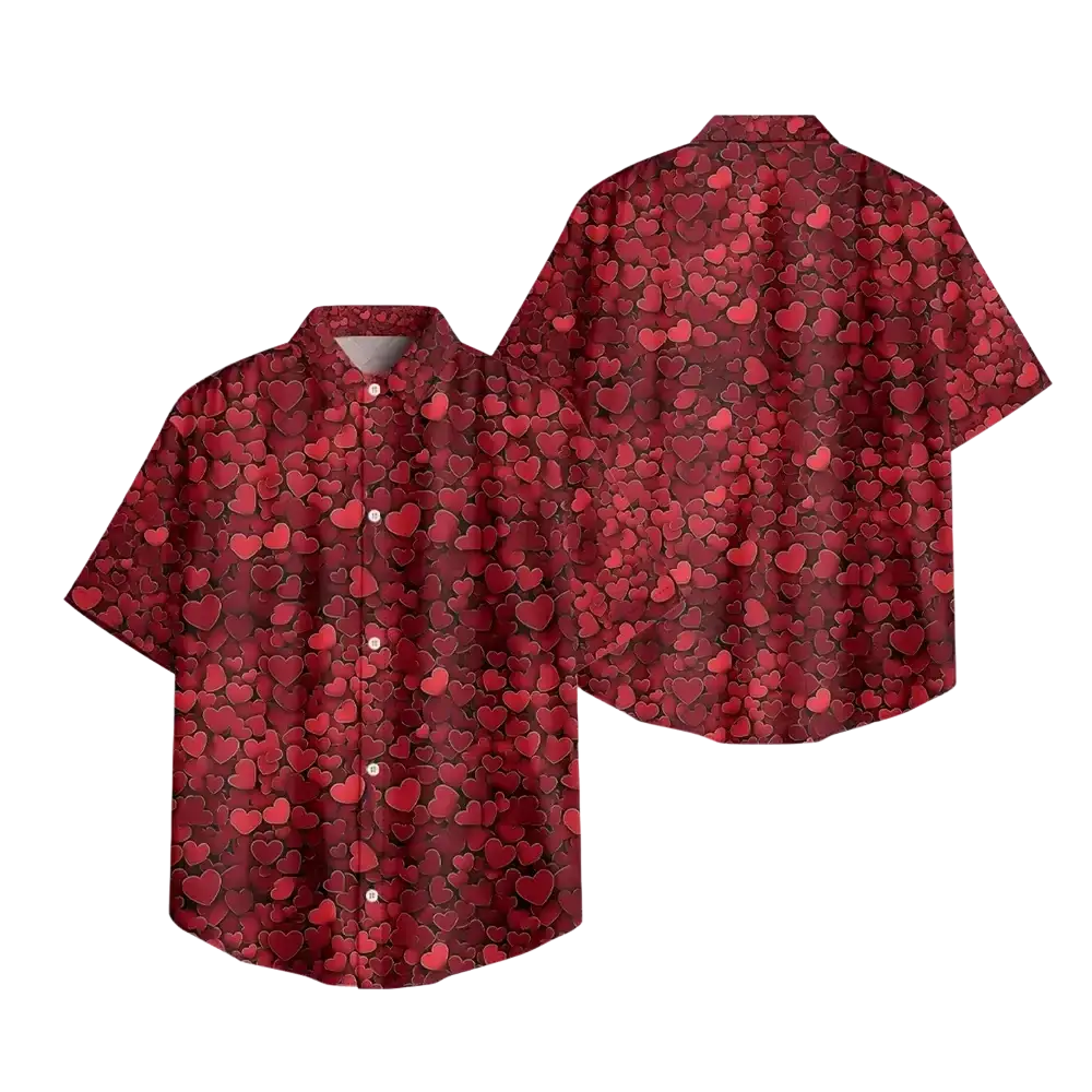 Red heart print casual short sleeve button down shirt made of lightweight fabric ideal for everyday wear