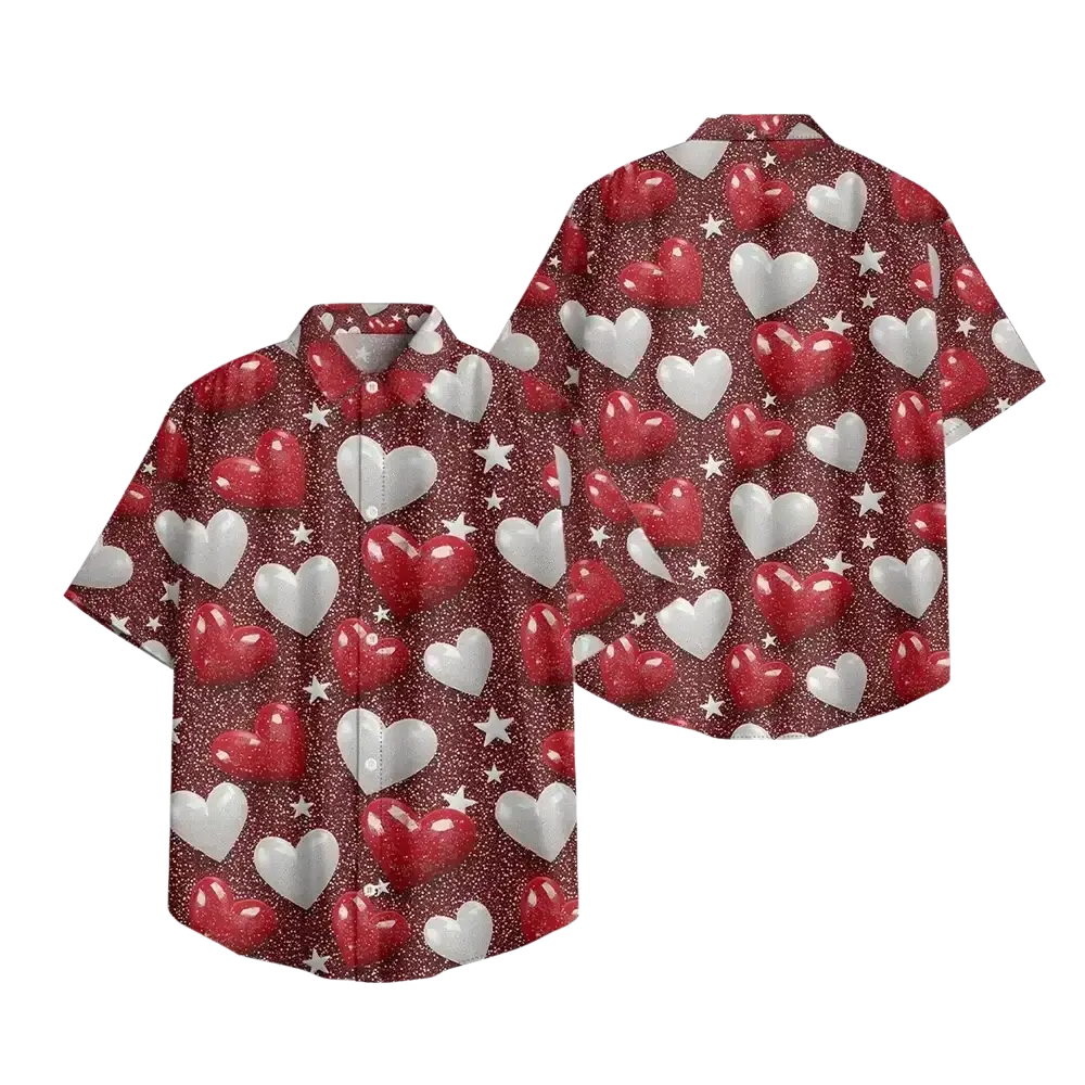 Red and white heart print casual short sleeve button down shirt displayed on a glittery maroon background