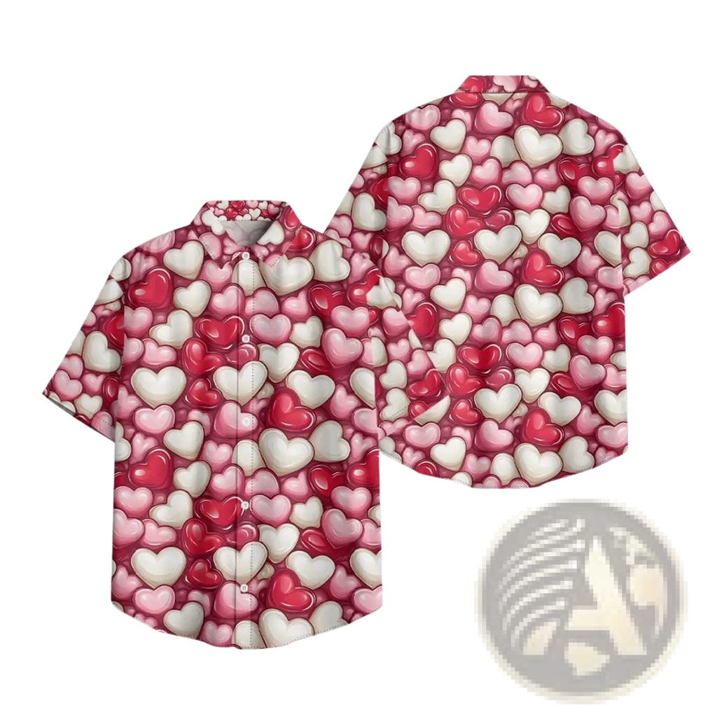 A vibrant pink and white heart print casual short sleeve button down shirt with a Hawaiian style pattern