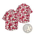 A vibrant pink and white heart print casual short sleeve button down shirt with a Hawaiian style pattern