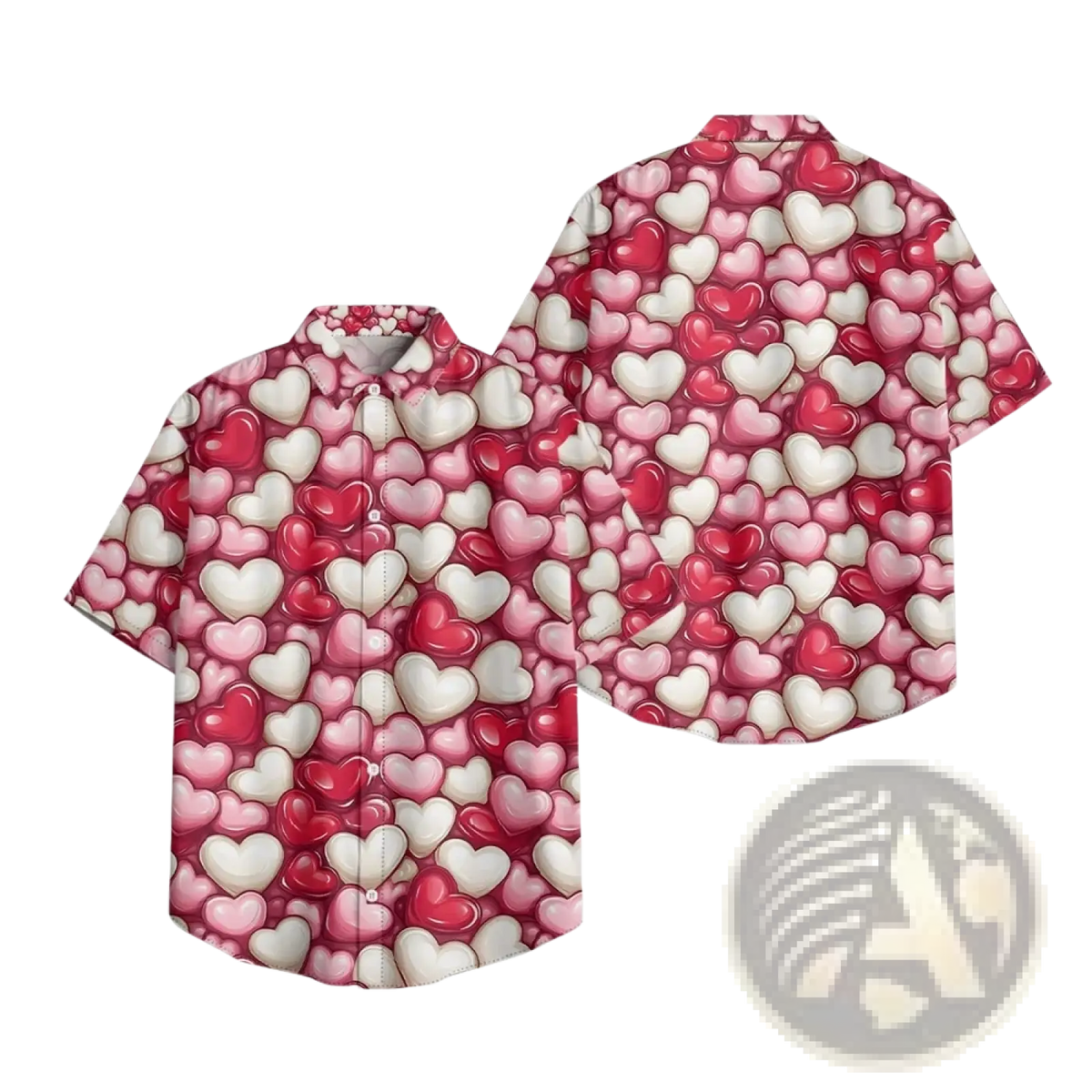 A vibrant pink and white heart print casual short sleeve button down shirt with a Hawaiian style pattern