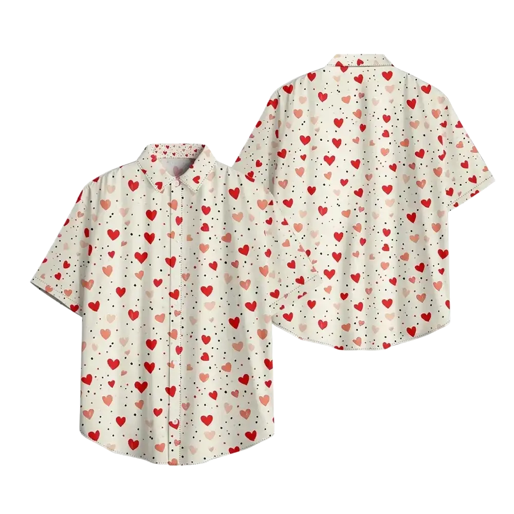 White short sleeve button casual shirt with heart print in red and pink accented by small black dots
