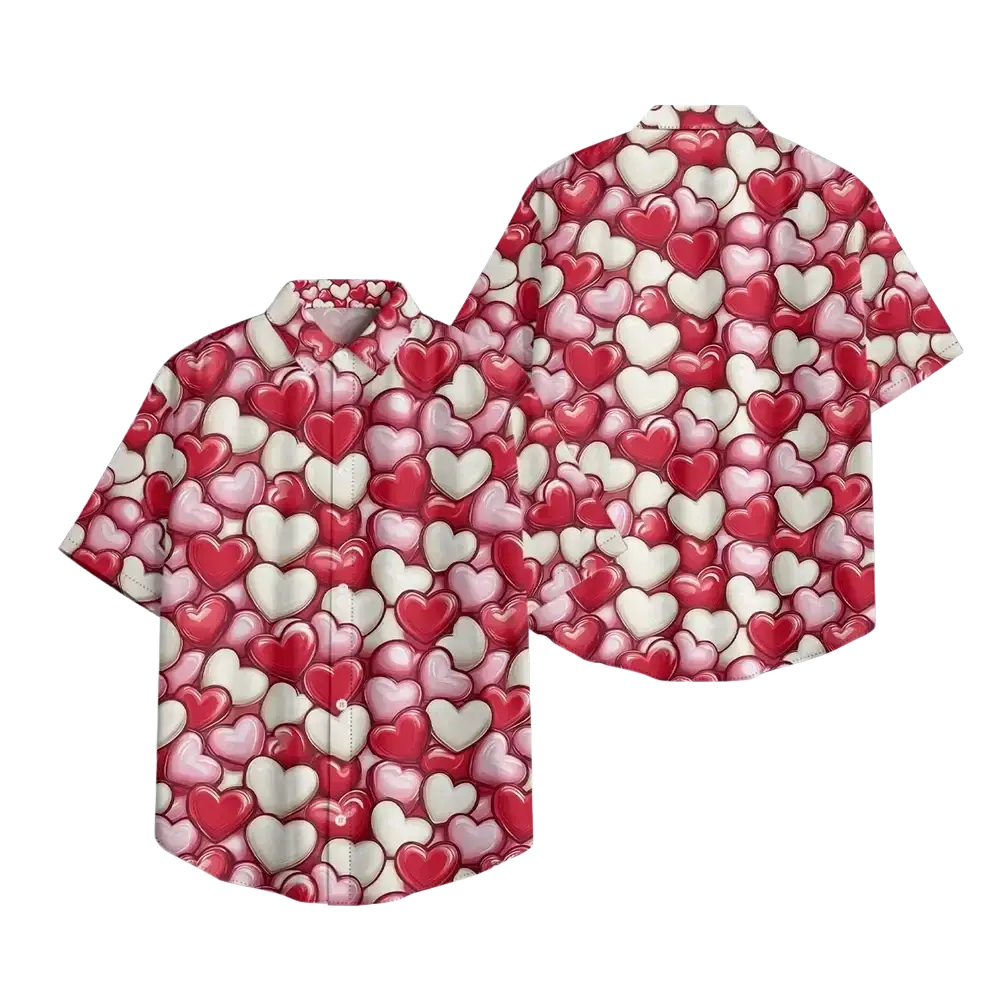 A vibrant heart print casual short sleeve button shirt with overlapping red pink and white hearts on a light background
