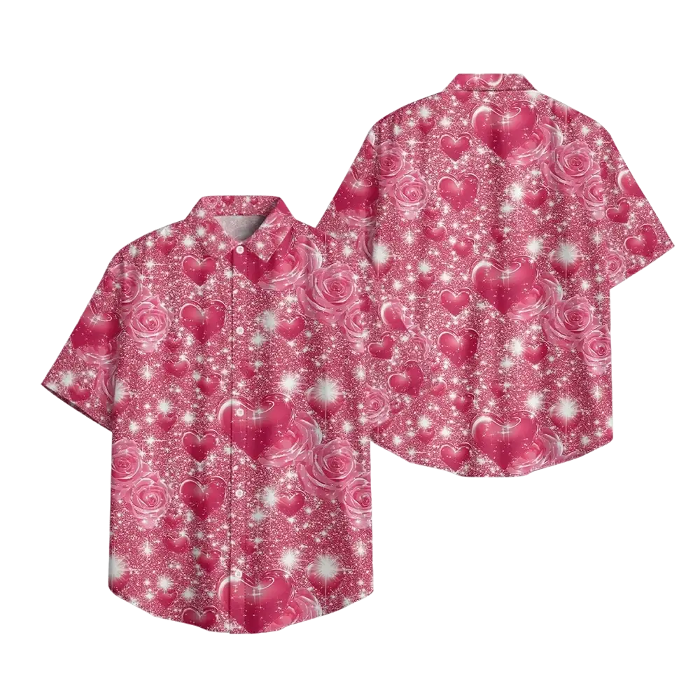 Heart print casual short sleeve button down shirt in vibrant pink with lively rose and heart pattern and white accents