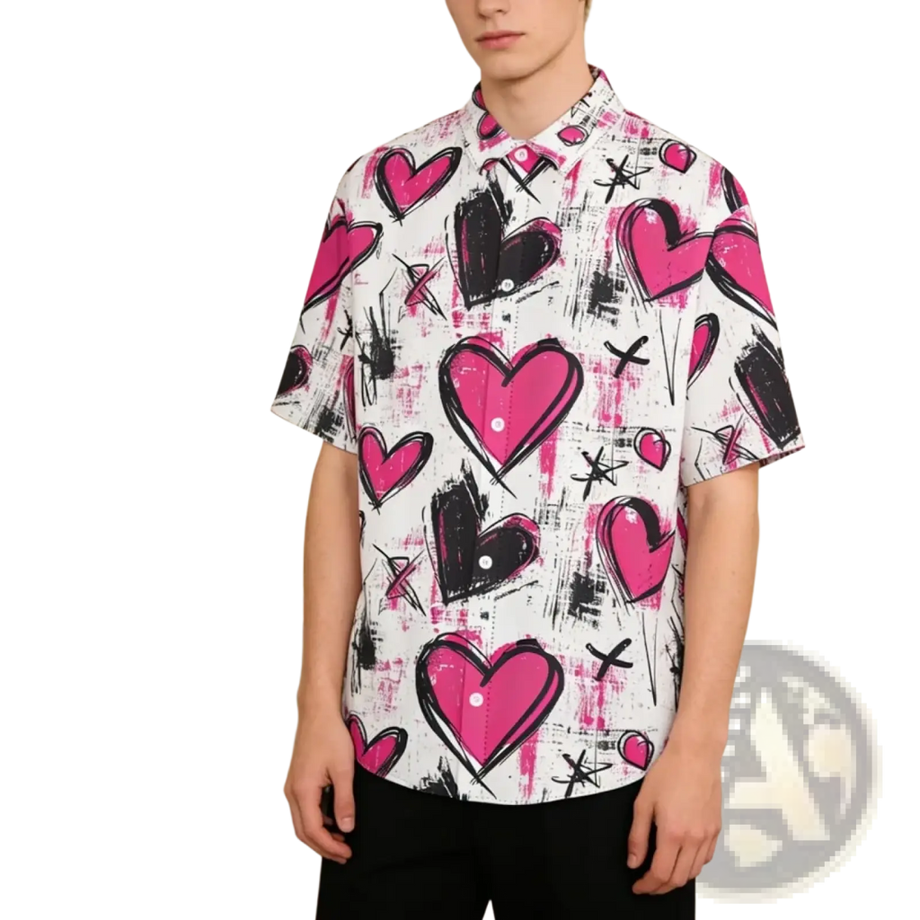 A vibrant heart print casual short sleeve button down shirt with pink and black patterns on white base fabric